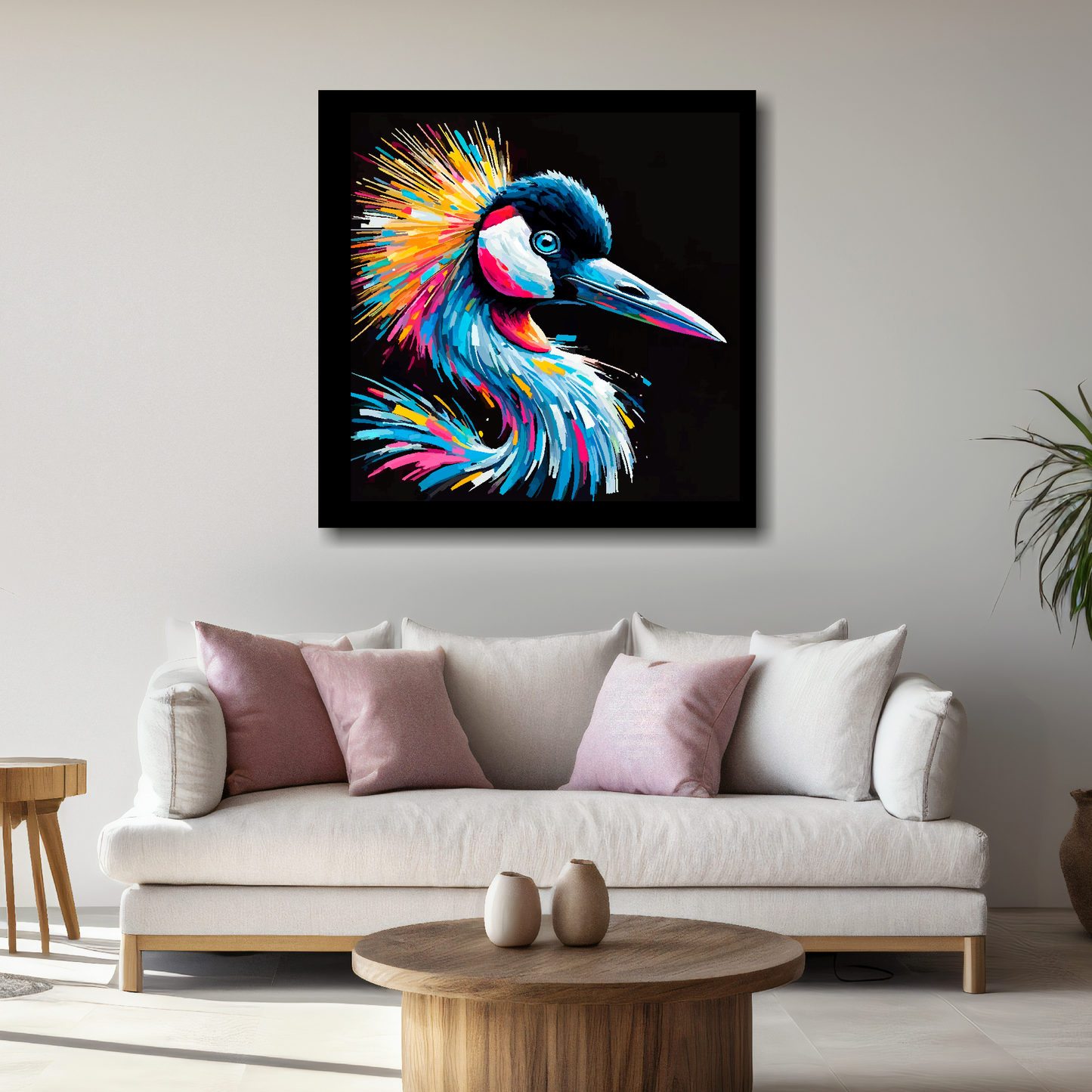 Large canvas wall art - A vibrant multi-coloured head portrait of a Crane. Available in 3 large sizes.