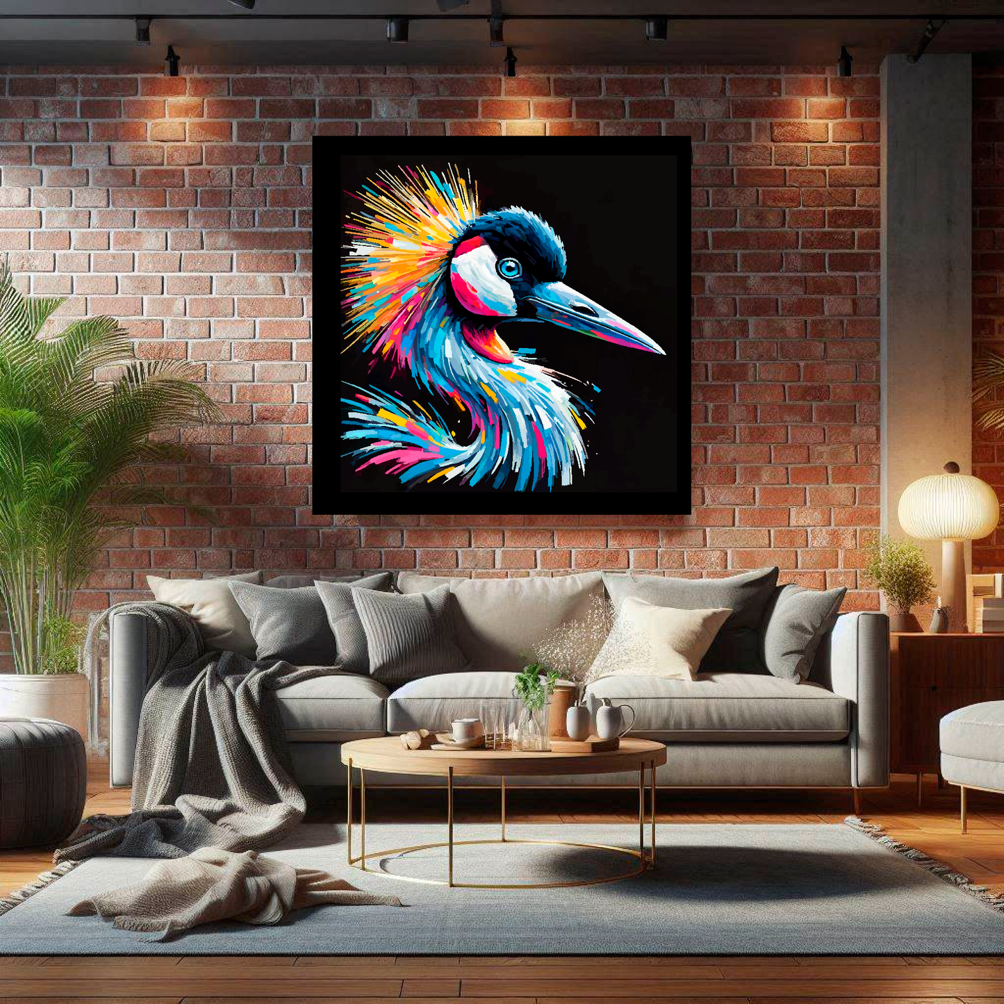 Large canvas wall art - A vibrant multi-coloured head portrait of a Crane. Available in 3 large sizes.