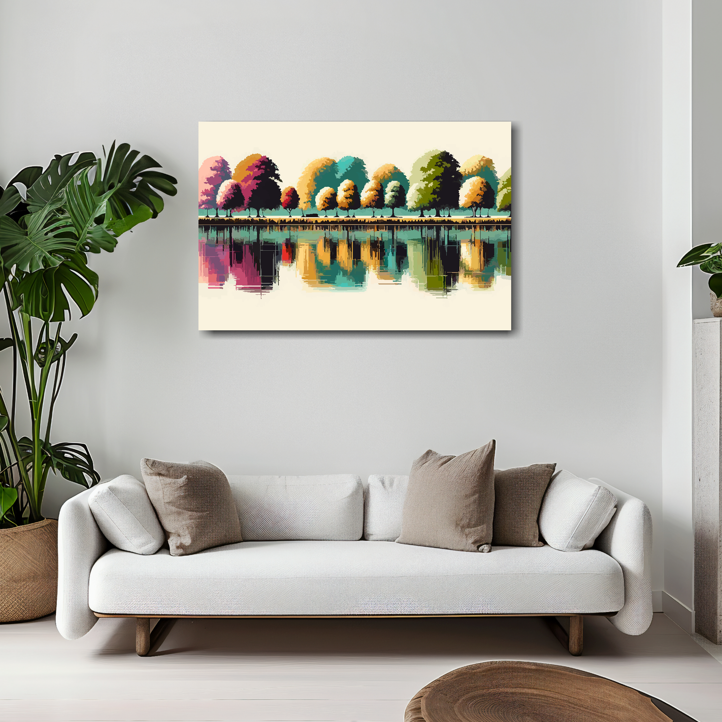 30 inch by 20 inch abstract canvas print of a row of colourful tree reflections. Mounted on a white wall above a white sofa with decorative pillows.