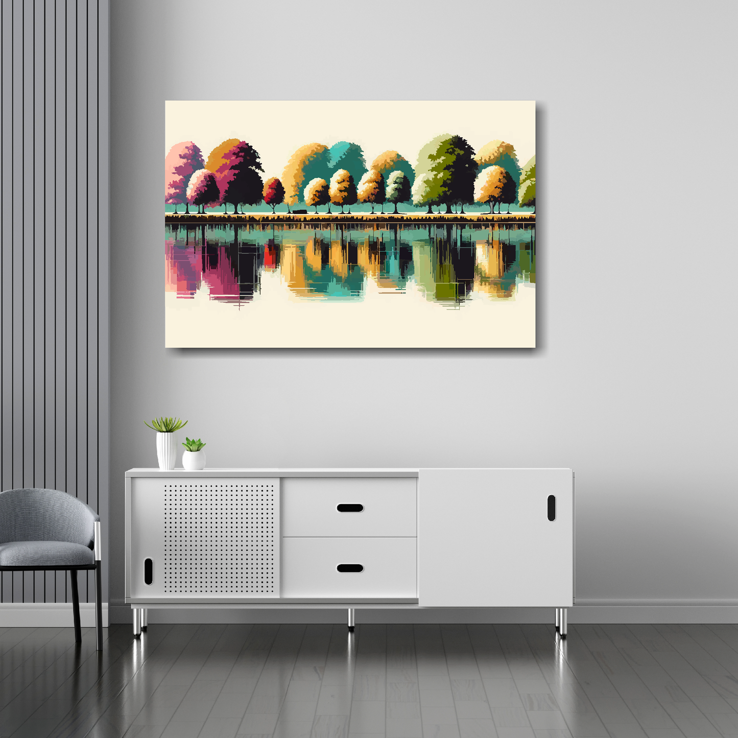 36 inch by 24 inch abstract canvas print of a row of colourful tree reflections. Mounted on a white wall above a white sideboard.