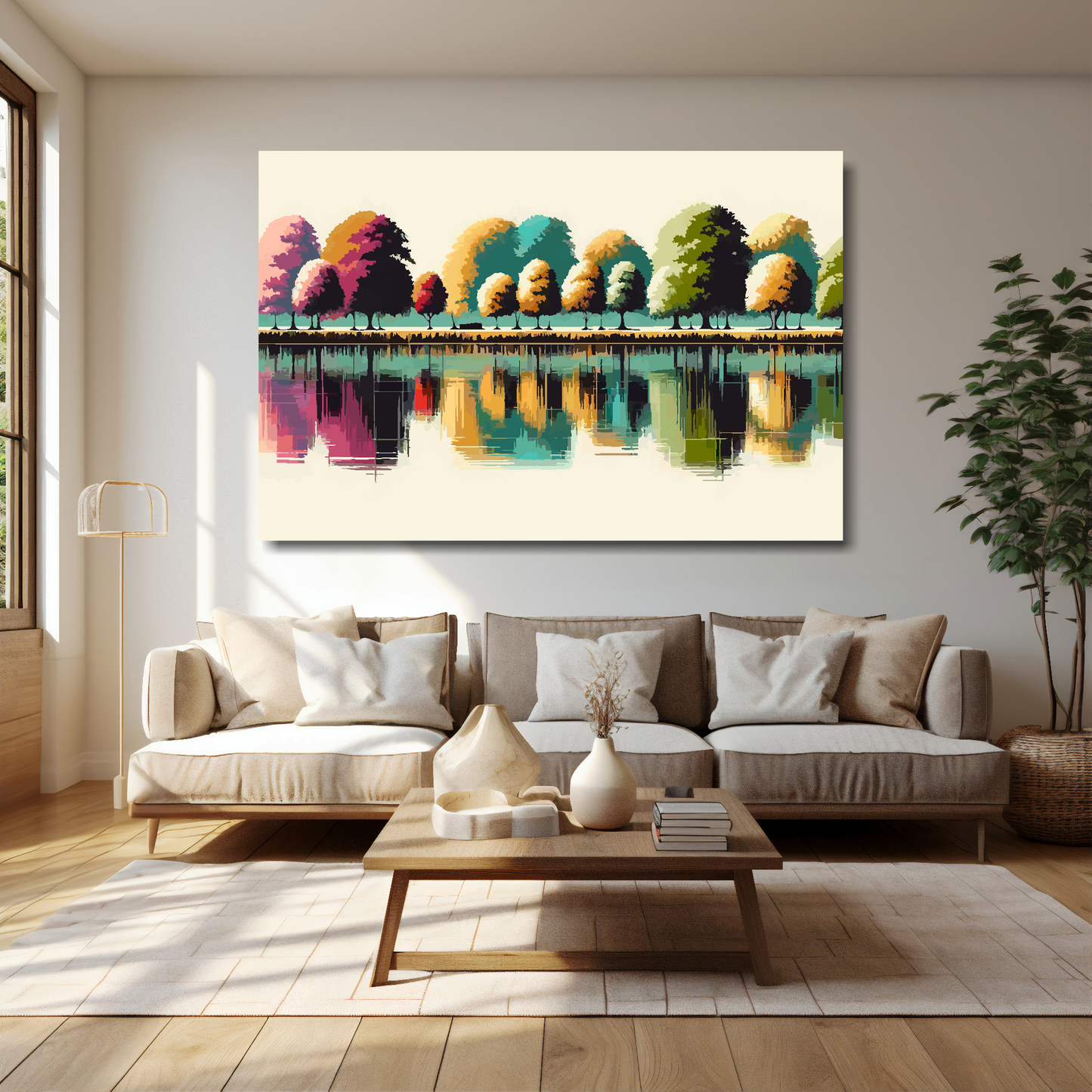 60 inch by 40 inch abstract canvas print of a row of colourful tree reflections. Mounted on a cream wall above a grey sofa with decorative pillows.