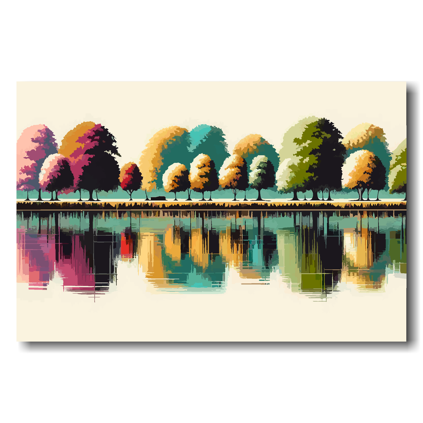 Vector art landscape with trees reflected in water on a beige background