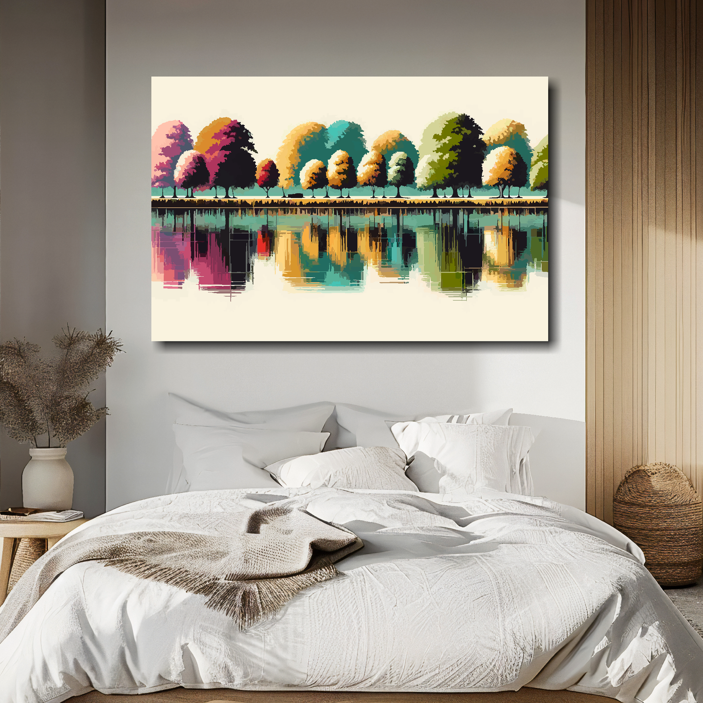 Colorful landscape painting of trees reflected in water above a bed.