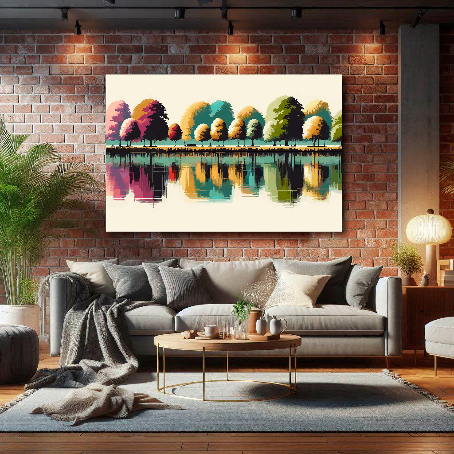 Living room with a gray sofa, coffee table, and wall art of trees reflecting in water.