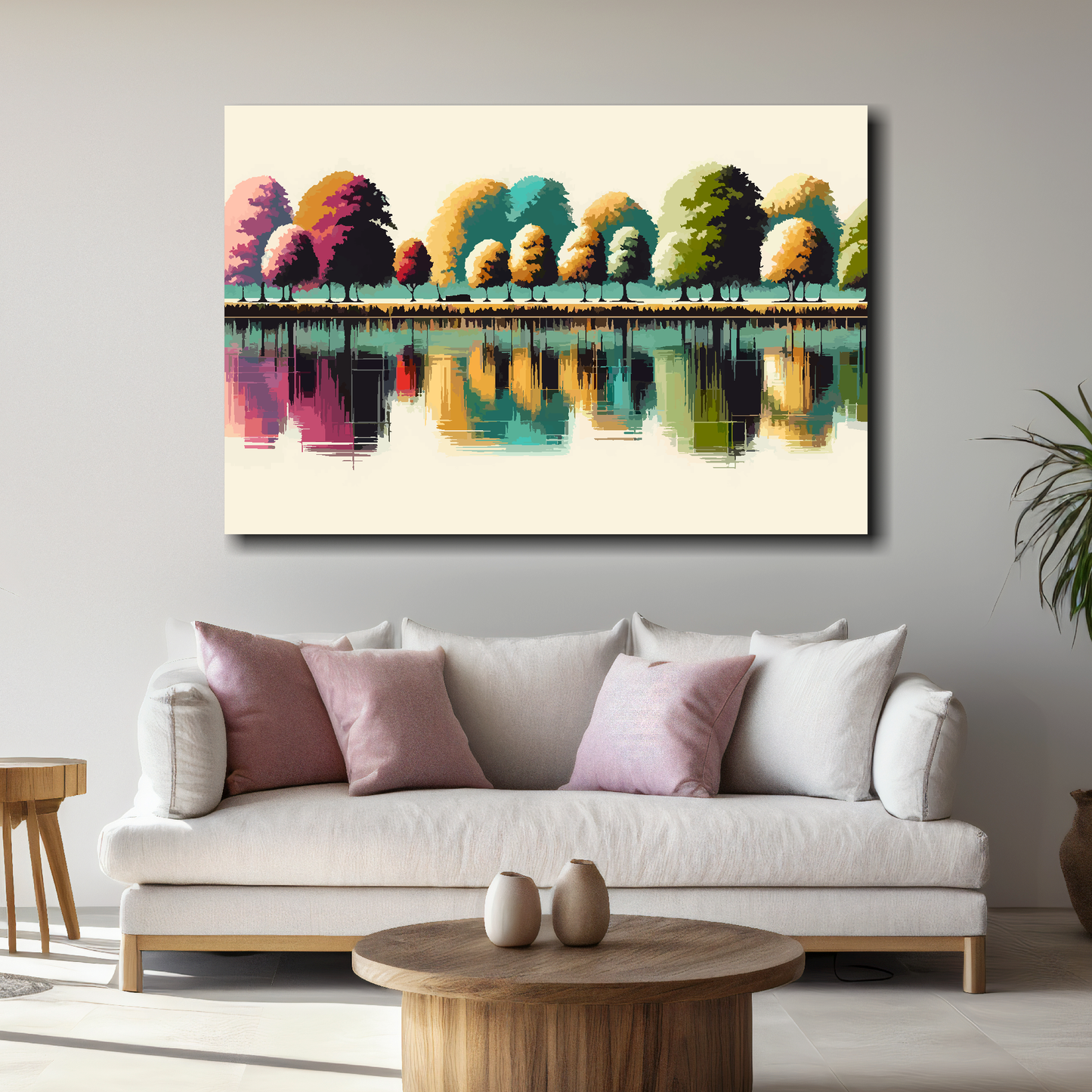 Colorful landscape painting above a white sofa with pink and white cushions in a living room.