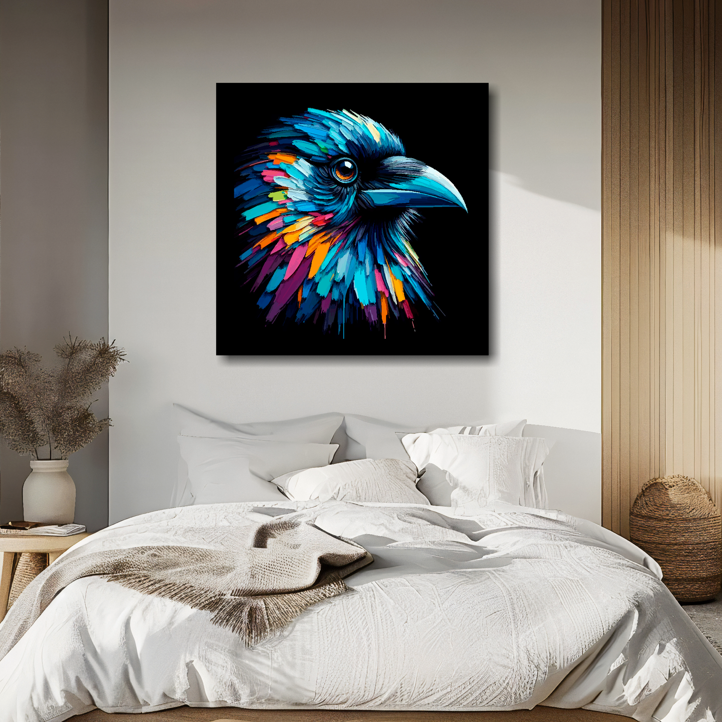 Large canvas wall art - A vibrant multi-coloured head portrait of a Crow. Available in 3 large sizes.