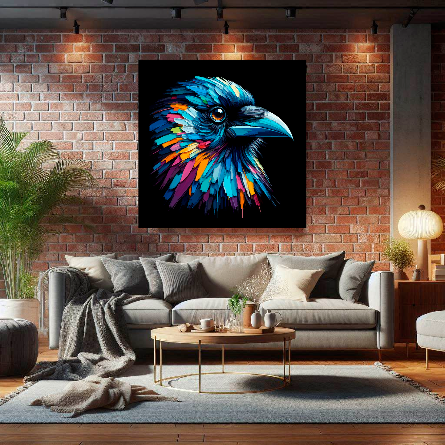 Large canvas wall art - A vibrant multi-coloured head portrait of a Crow. Available in 3 large sizes.