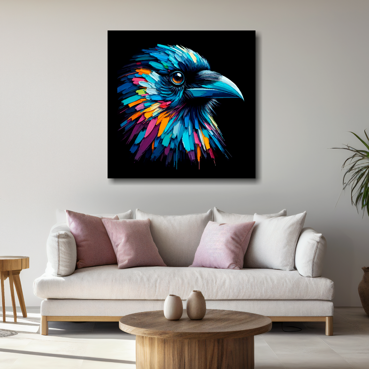 Large canvas wall art - A vibrant multi-coloured head portrait of a Crow. Available in 3 large sizes.