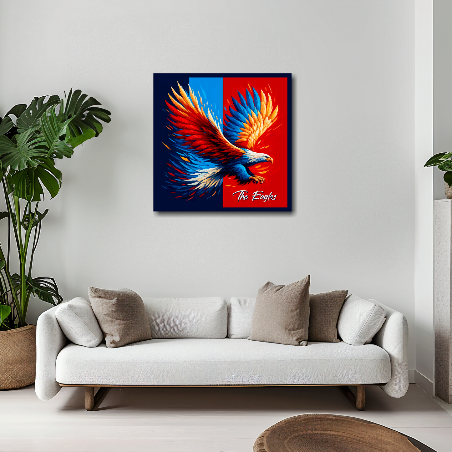 20 inch by 20 inch Crystal Palace inspired canvas, mounted on a living room wall above a white sofa, featuring a large eagle in club colours.
