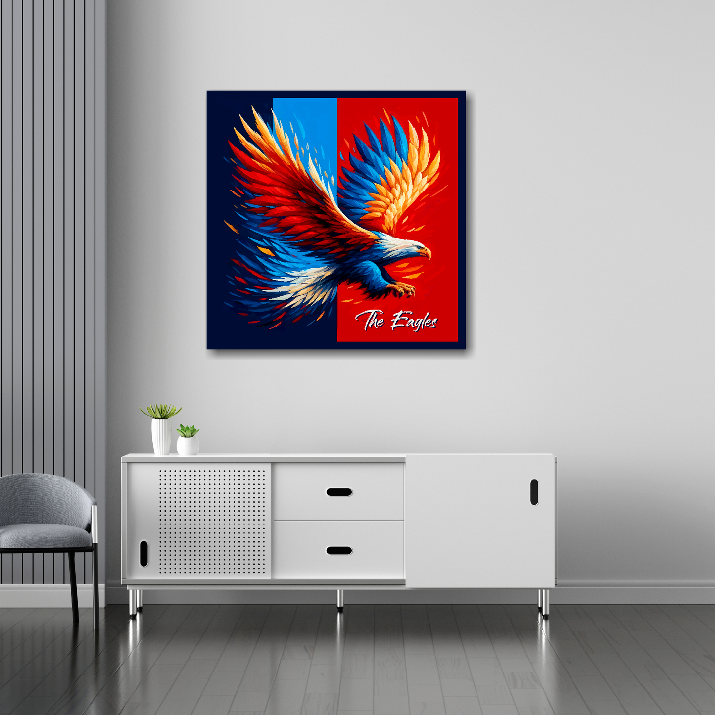 30 inch by 30 inch Crystal Palace inspired canvas, mounted on a living room wall above a white sideboard, featuring a large eagle in club colours.