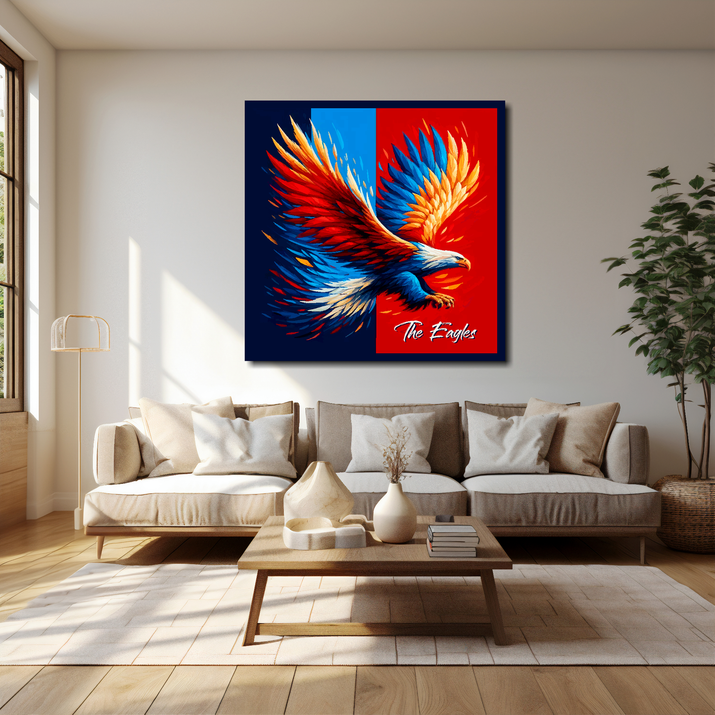 40 inch by 40 inch Crystal Palace inspired canvas, mounted on a living room wall above a cream sofa, featuring a large eagle in club colours.