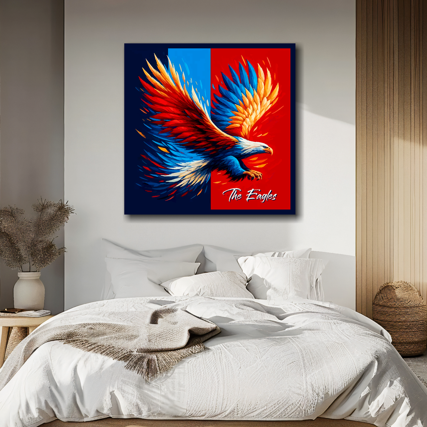 Crystal Palace inspired canvas, mounted on a bedroom wall above a double bed, featuring a large eagle in club colours.