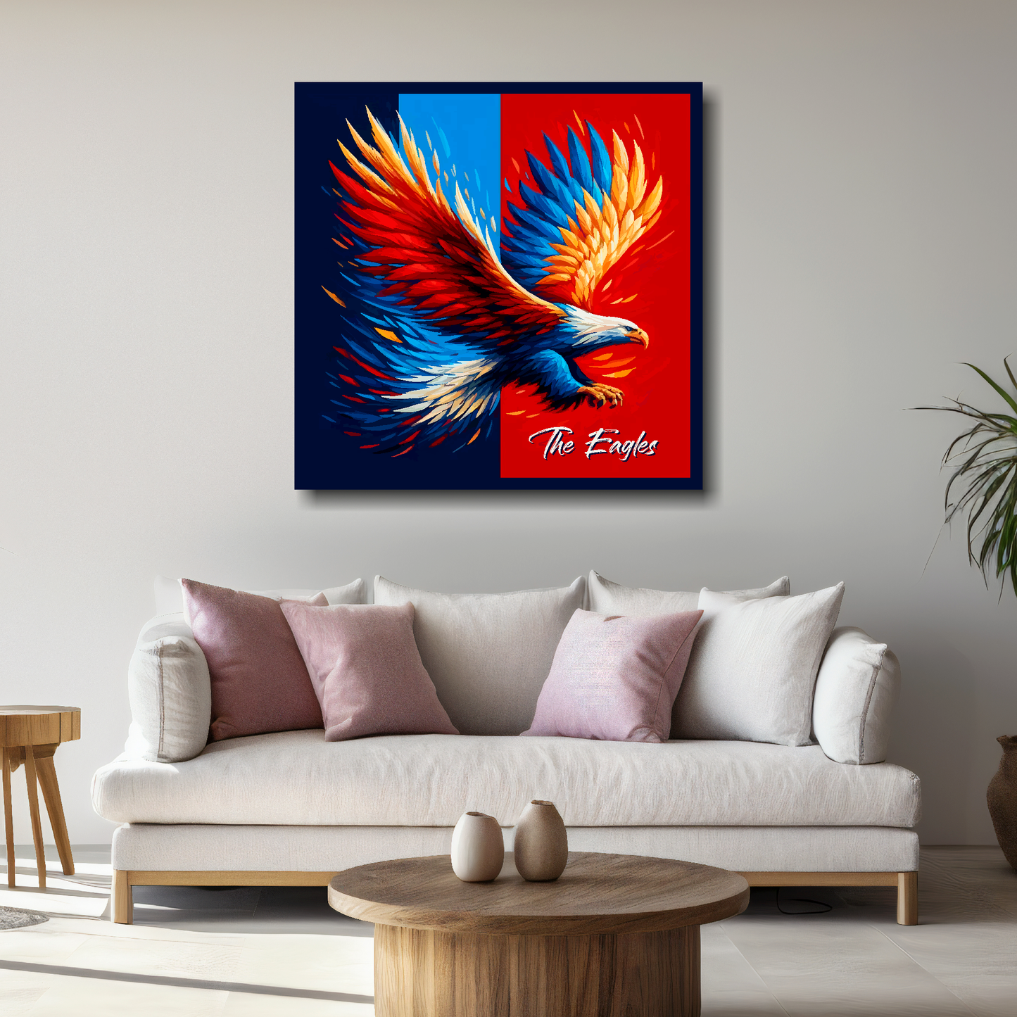 Crystal Palace inspired canvas, mounted on a living room wall above a white sofa, featuring a large eagle in club colours.