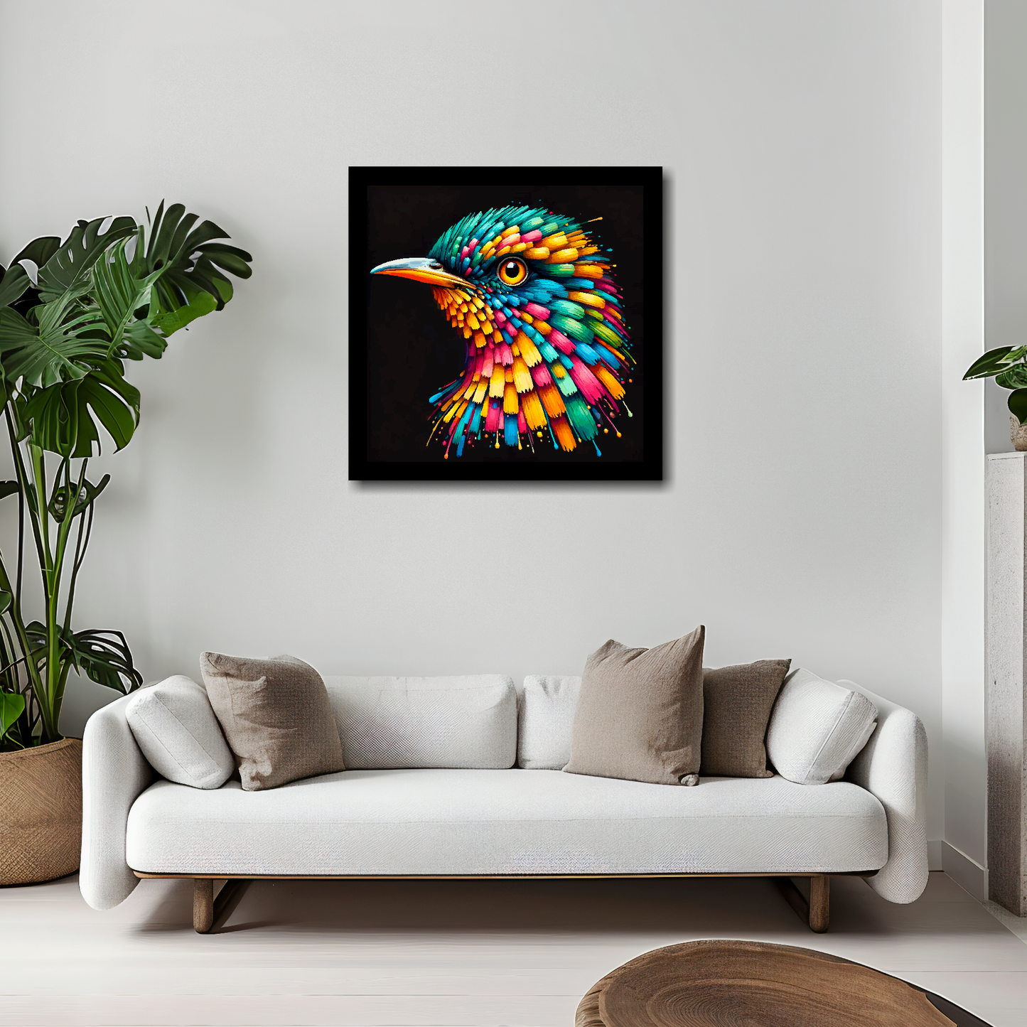 20 inch by 20 inch square canvas of a colourful Cuckoo portrait on a black background. Mounted on a white wall above a white sofa with decorative pillows.