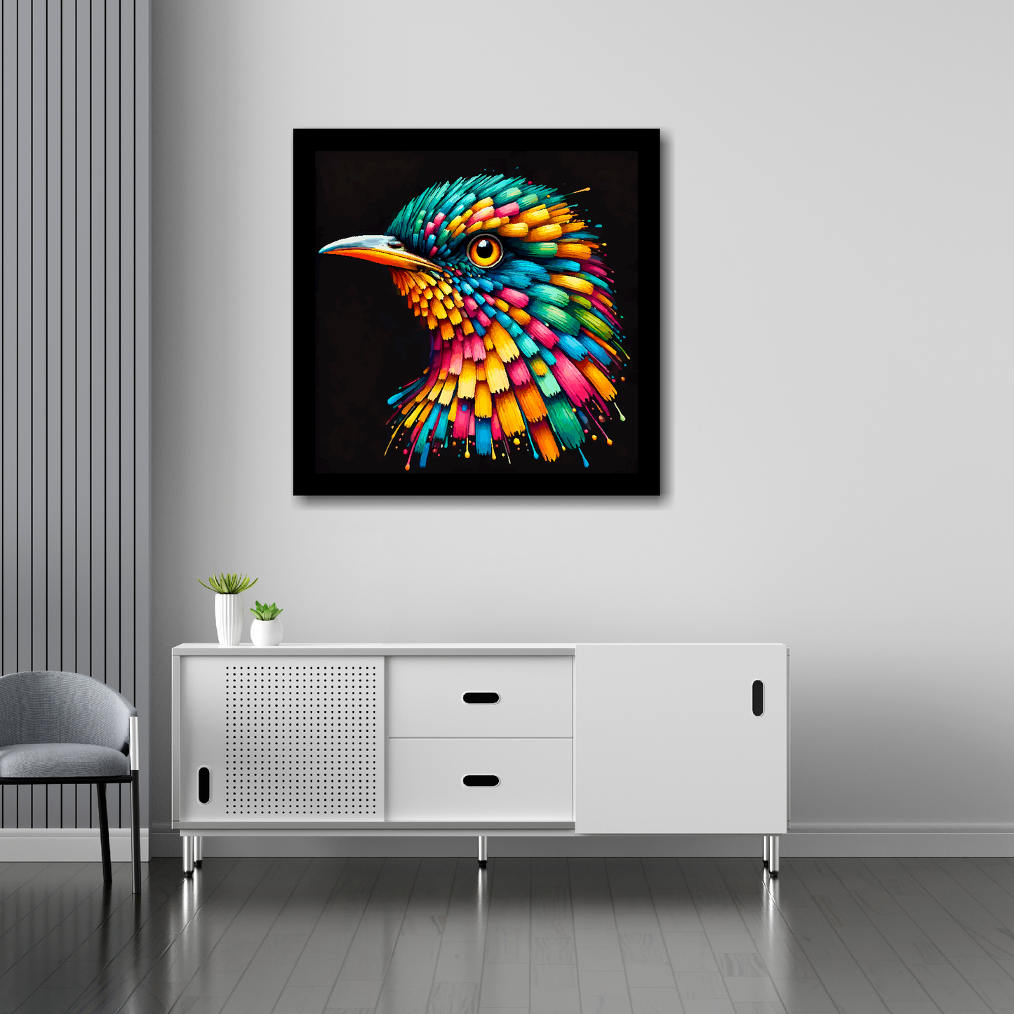 30 inch by 30 inch square canvas of a colourful Cuckoo portrait on a black background. Mounted on a white wall above a white sideboard.