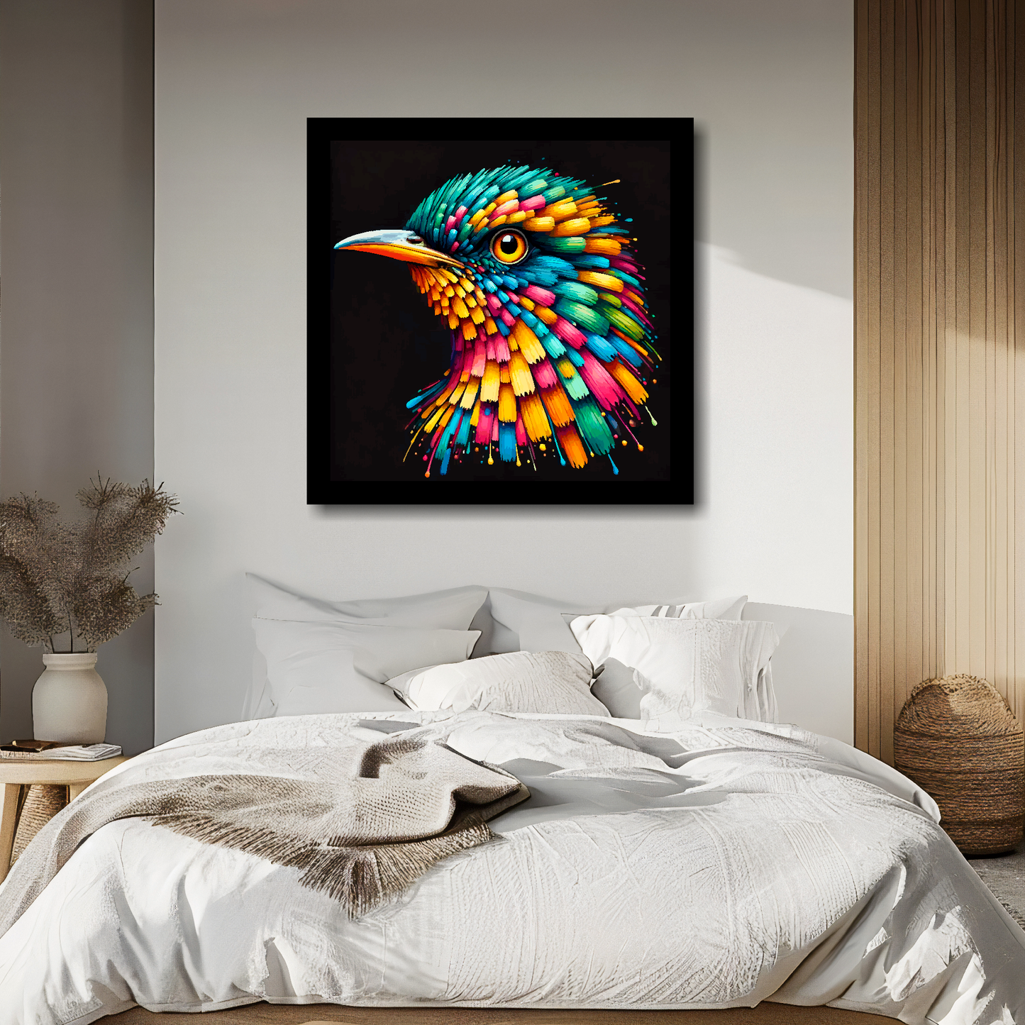 Large canvas wall art - A vibrant multi-coloured head portrait of a Cuckoo. Available in 3 large sizes.