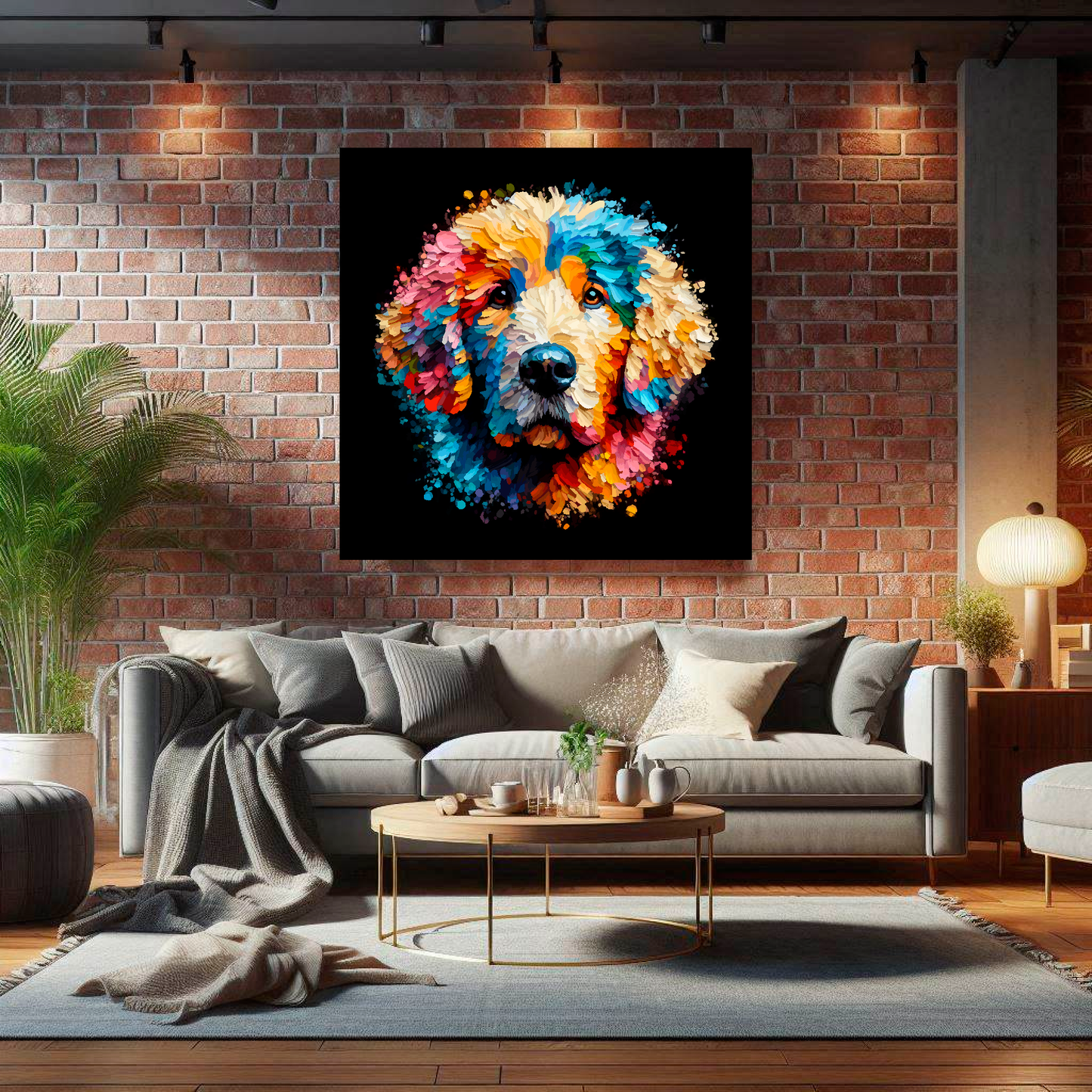 Large canvas wall art - A vibrant multi-coloured head portrait of a Curly Coated Retriever. Available in 3 large sizes.