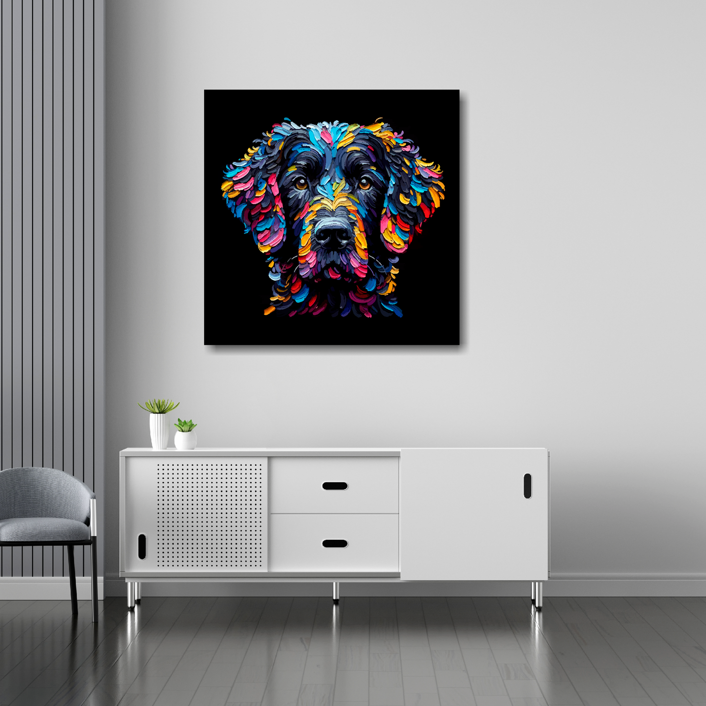 30 inch by 30 inch square canvas featuring a multi-coloured Curly Coated Retriever dog portrait. Mounted on a white wall above a white sideboard.