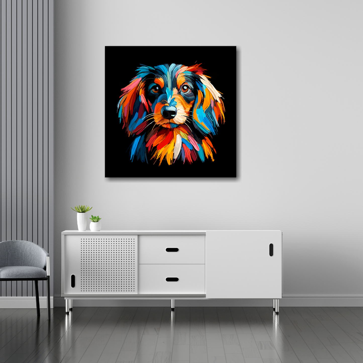 30 inch by 30 inch square canvas of a colourful Longhair Dachshund Dog head portrait on a black background. Mounted on a white wall above a white sideboard.