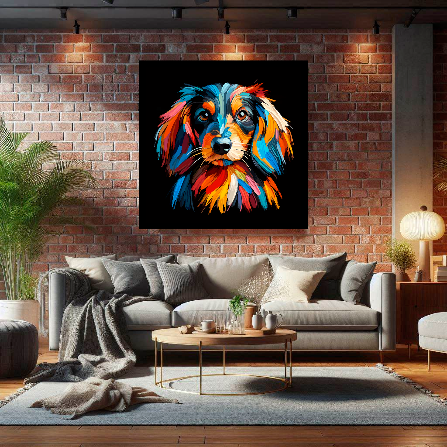 Large canvas wall art - A vibrant multi-coloured head portrait of a Dachshund Longhaired. Available in 3 large sizes.