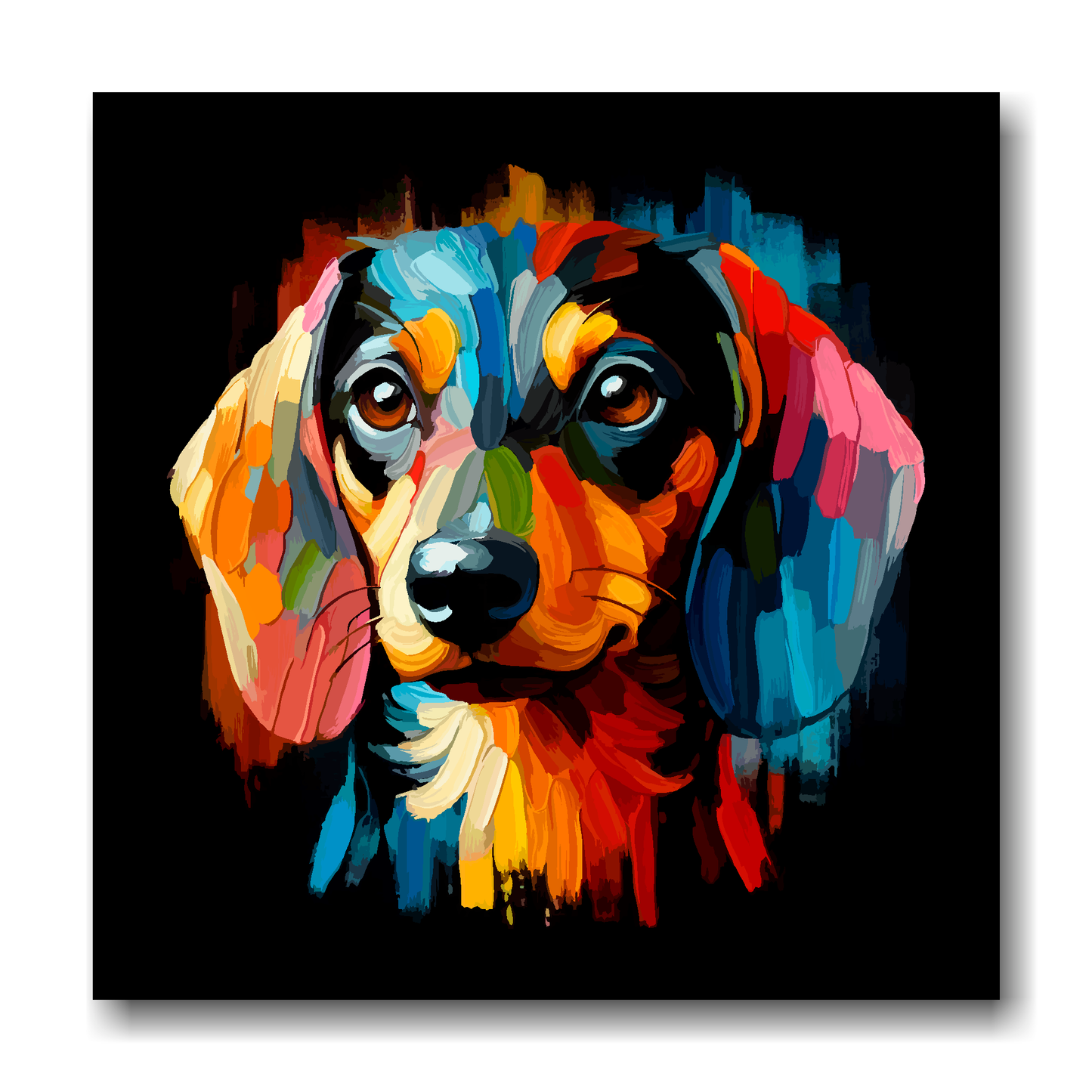 Large canvas wall art - A vibrant multi-coloured head portrait of a Dachshund. Available in 3 large sizes.