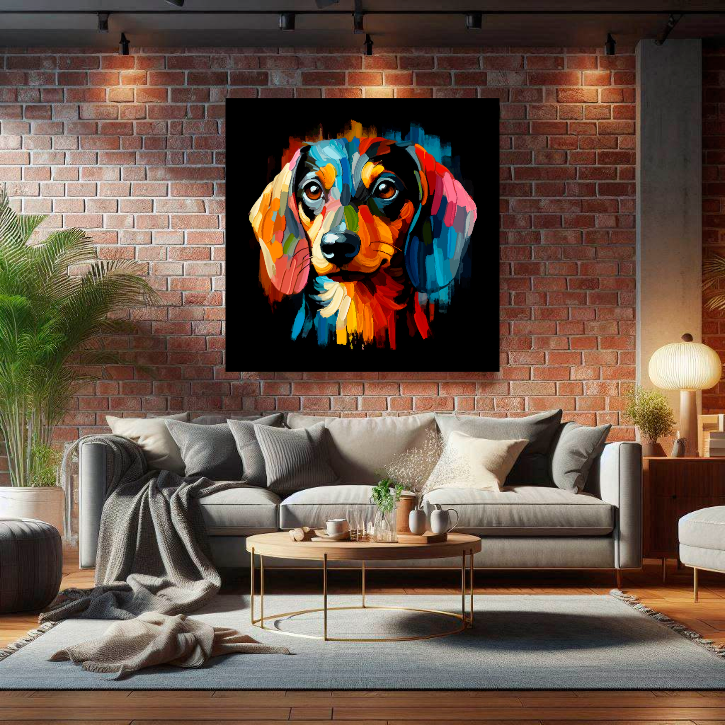 Large canvas wall art - A vibrant multi-coloured head portrait of a Dachshund. Available in 3 large sizes.