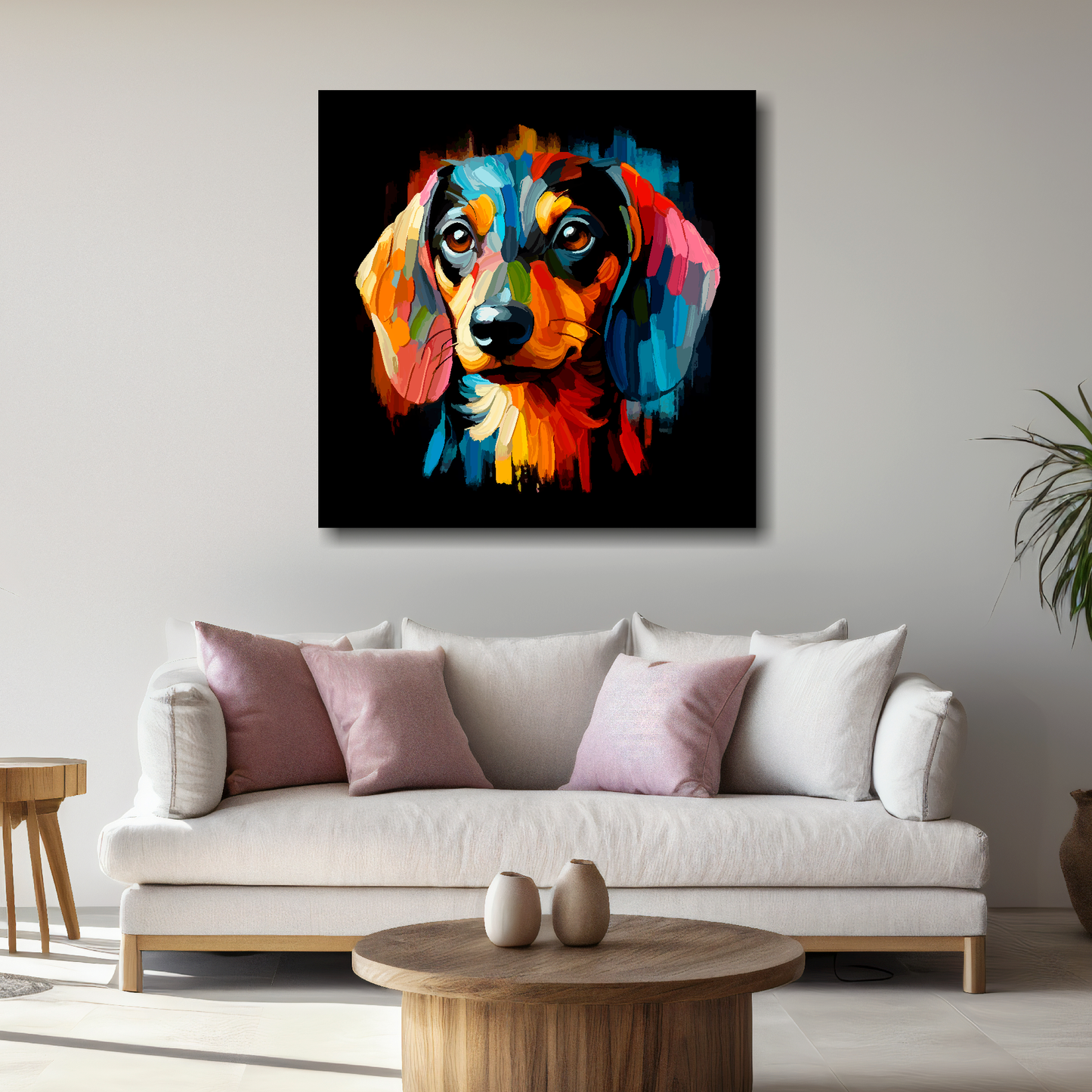 Large canvas wall art - A vibrant multi-coloured head portrait of a Dachshund. Available in 3 large sizes.