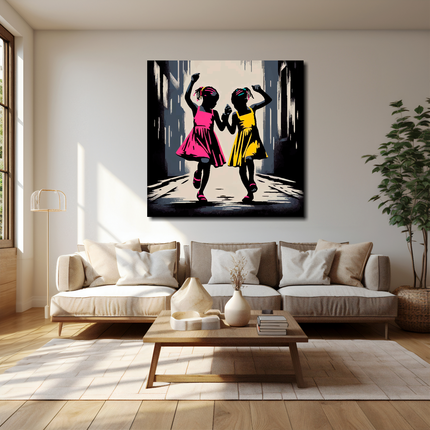 40 inch by 40 inch square canvas featuring a two African girls dancing in the street. Mounted on a cream wall above a cream sofa with decorative pillows.