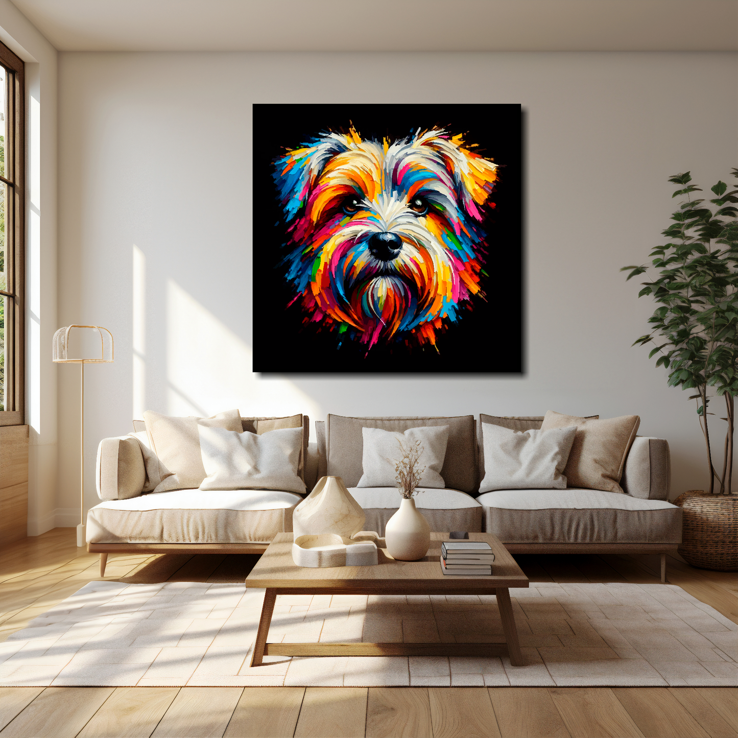40 inch by 40 inch square canvas featuring a multi-coloured Dandie Dinmont Terrier portrait. Mounted on a cream wall above a cream sofa with decorative pillows.