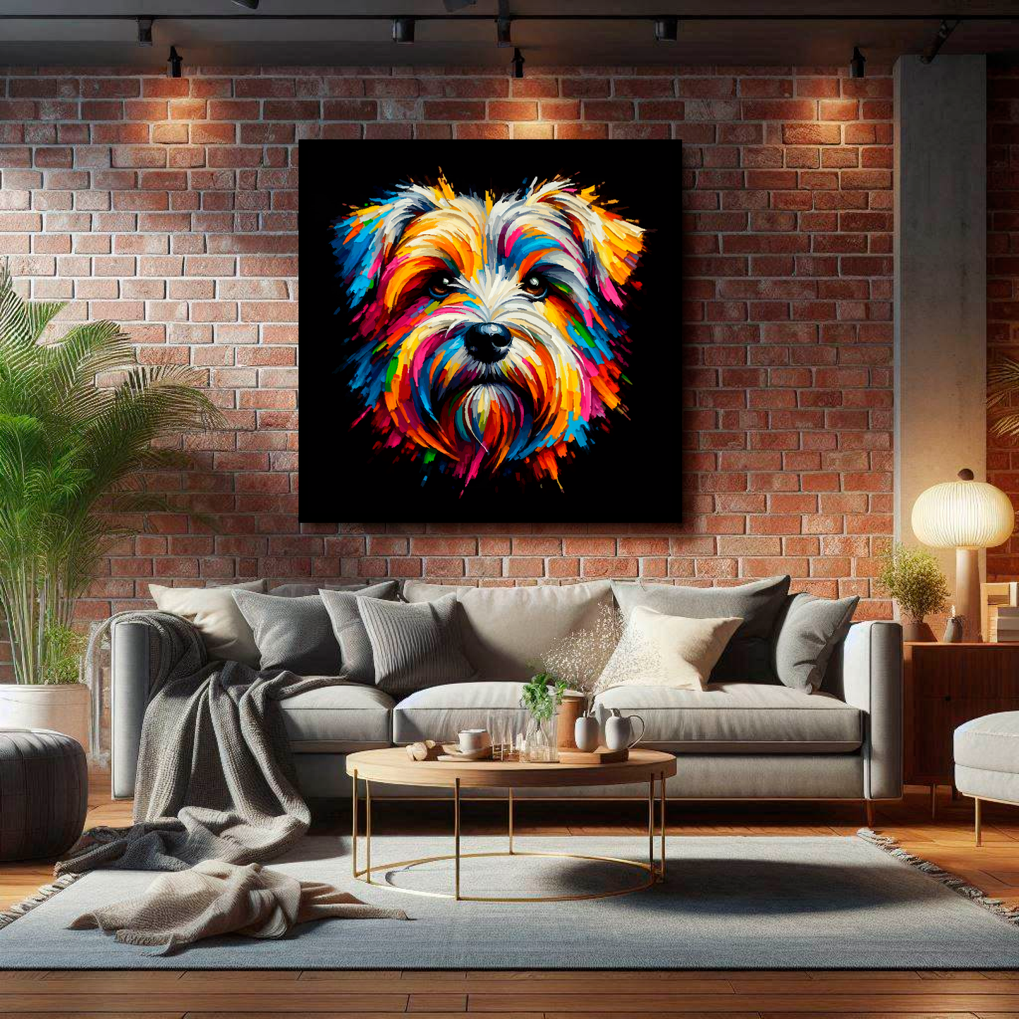 Large square canvas featuring a multi-coloured Dandie Dinmont Terrier portrait. Mounted on a brick wall above a grey sofa with decorative pillows.