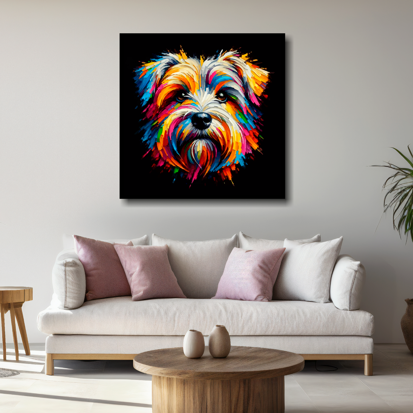 Square XL canvas featuring a multi-coloured Dandie Dinmont Terrier portrait. Mounted on a white wall above a white sofa with decorative pillows.