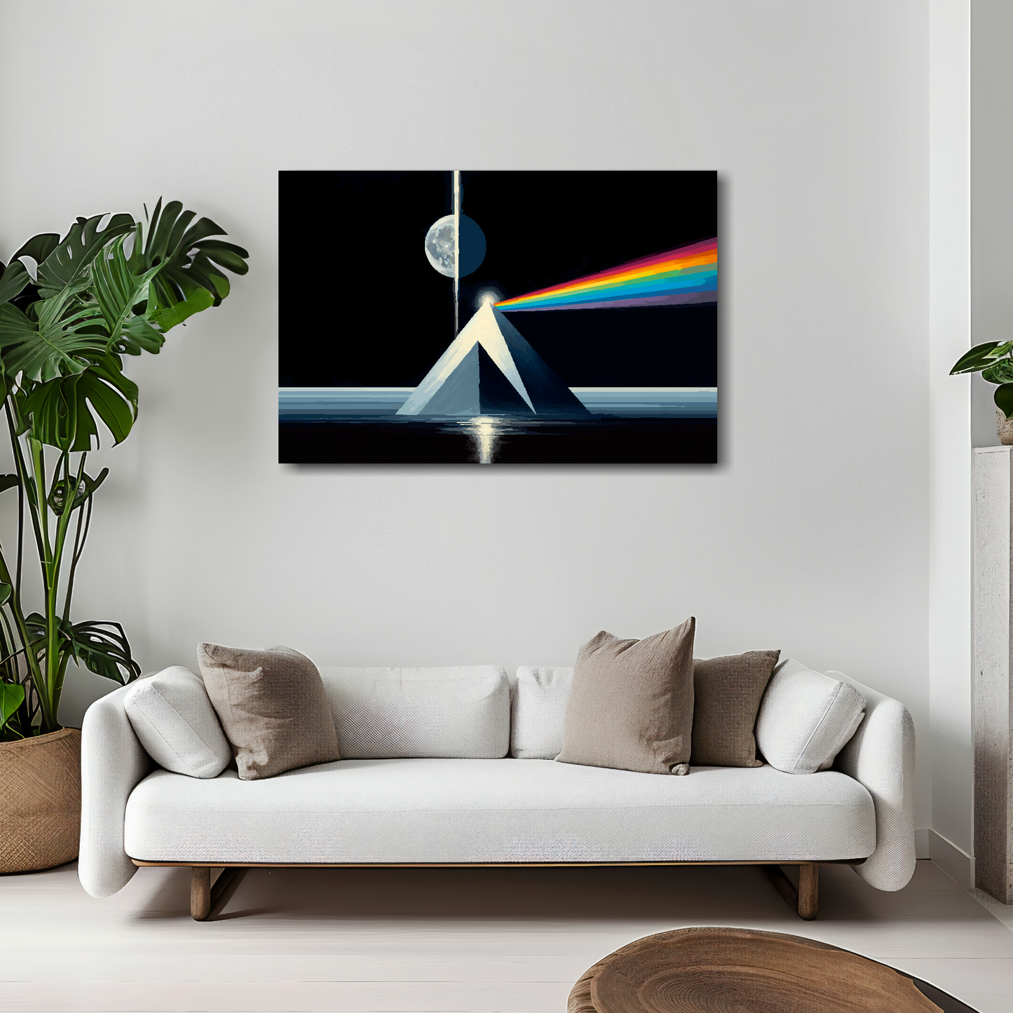 30 inch by 20 inch abstract canvas print of a futuristic moon and pyramids. Mounted on a white wall above a white sofa with decorative pillows.