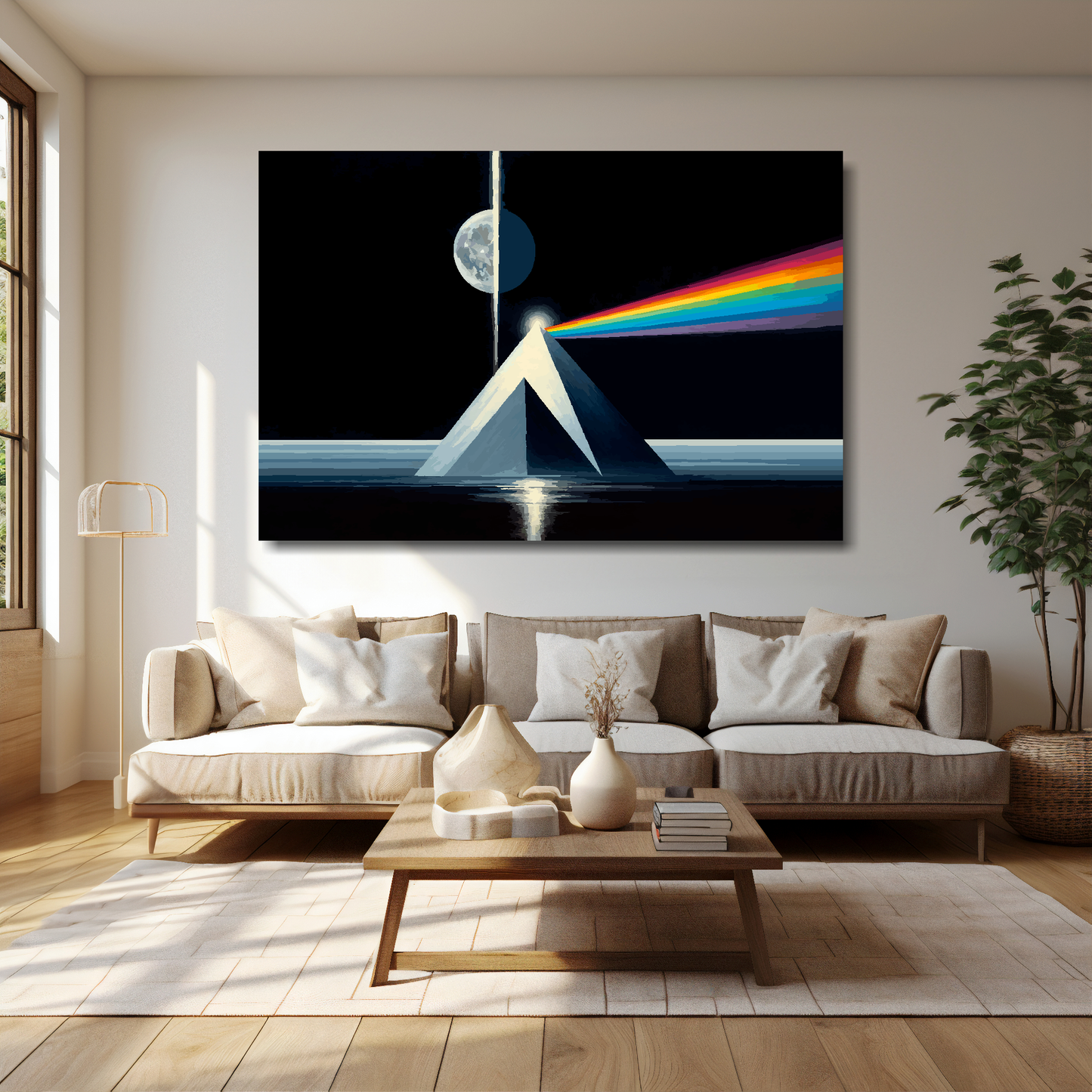60 inch by 40 inch abstract canvas print of a futuristic moon and pyramids. Mounted on a white wall above a white sofa with decorative pillows.