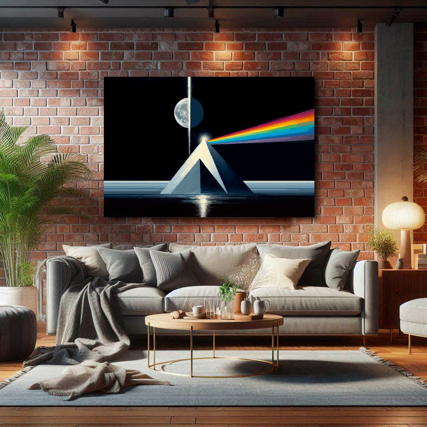 Living room with a gray sofa, coffee table, and a large Canvas displaying an album cover on a brick wall.