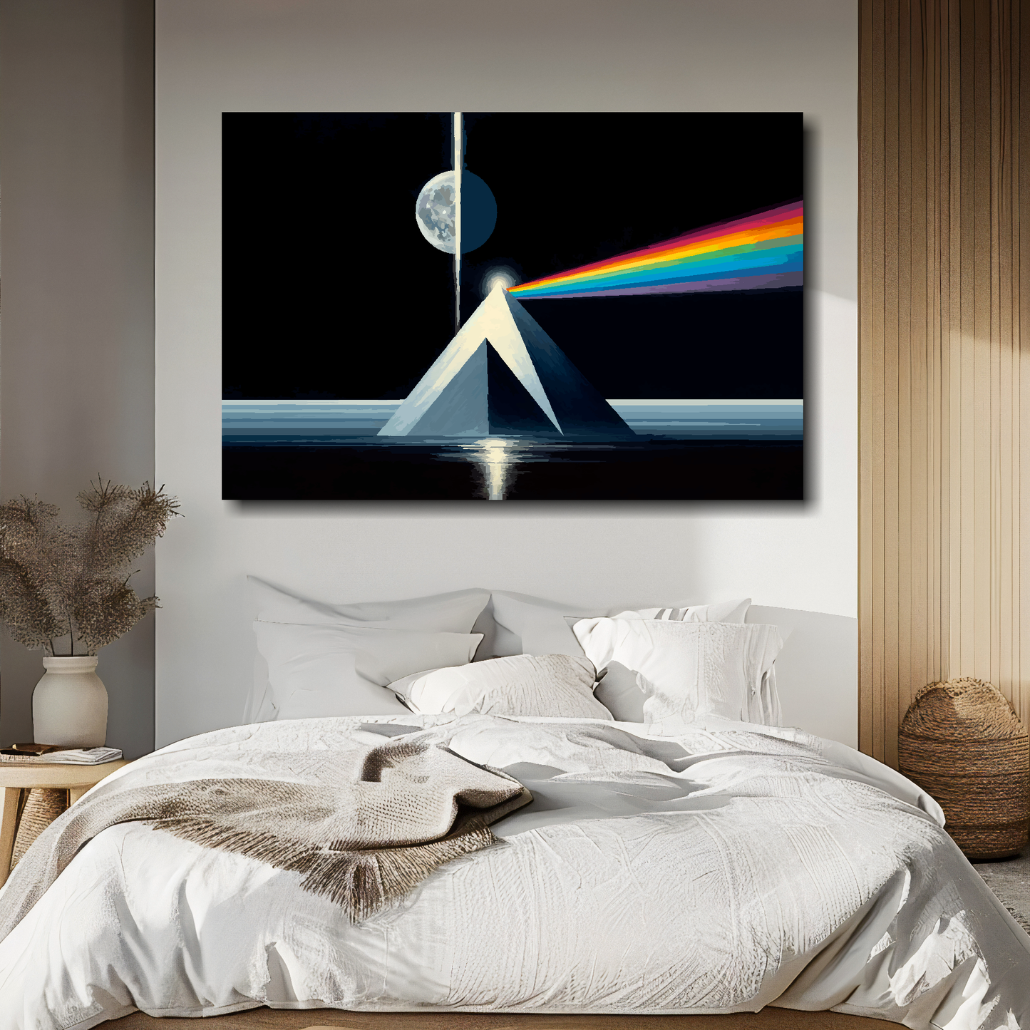 Bedroom with a large canvas print of a rainbow over a pyramid on the wall.