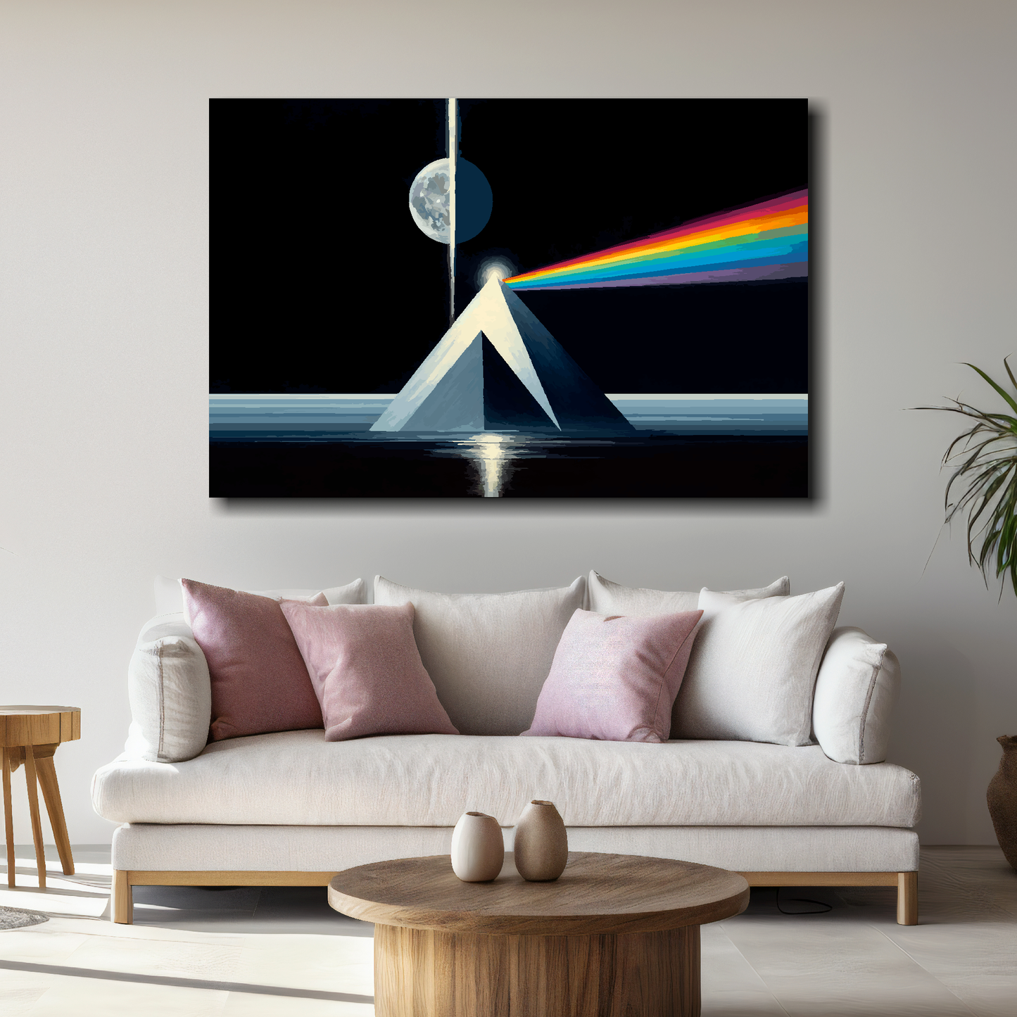 Modern living room with a large abstract canvas on the wall above a sofa.