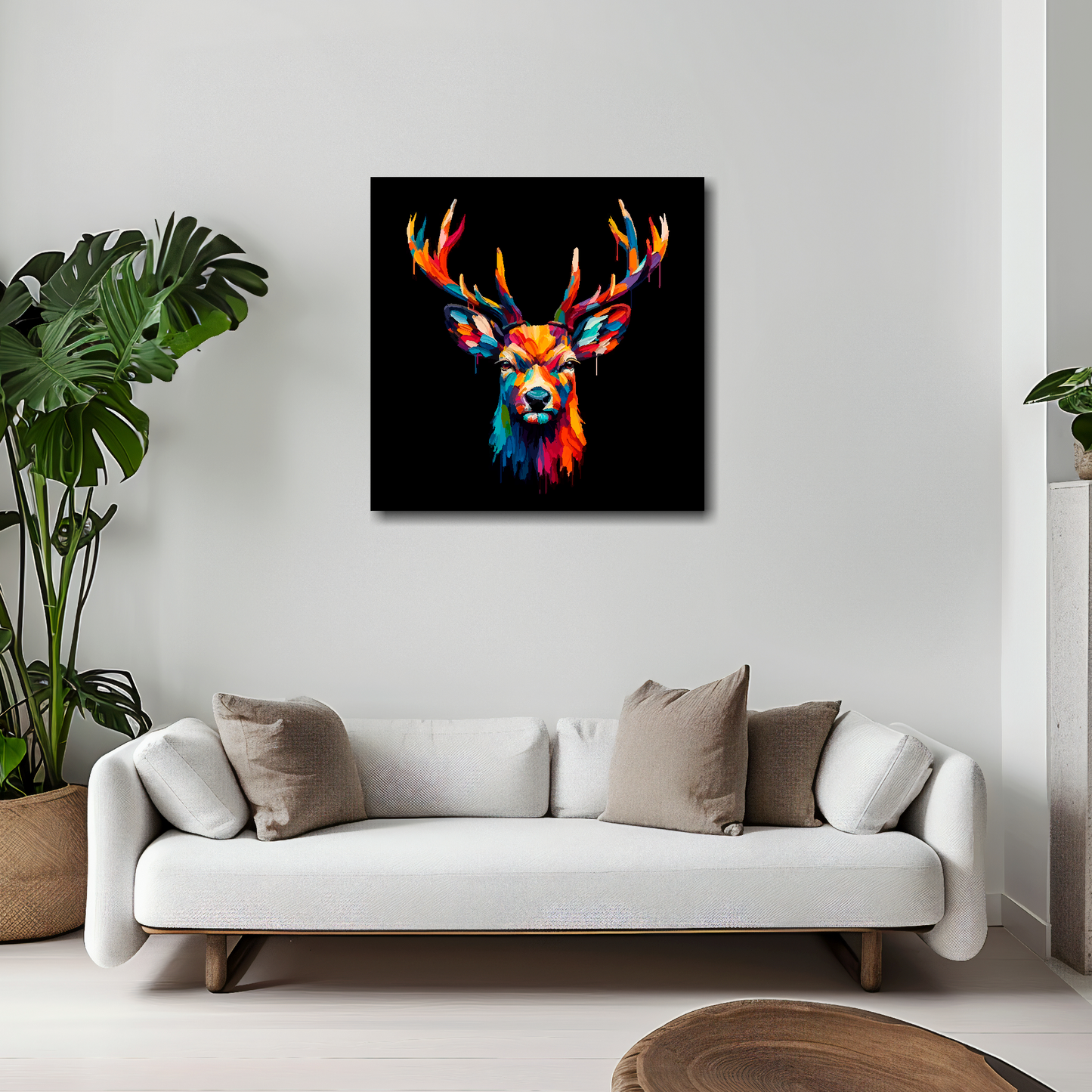 20 inch by 20 inch square canvas of a Deer head portrait on a black background. Mounted on a white wall above a white sofa with decorative pillows.