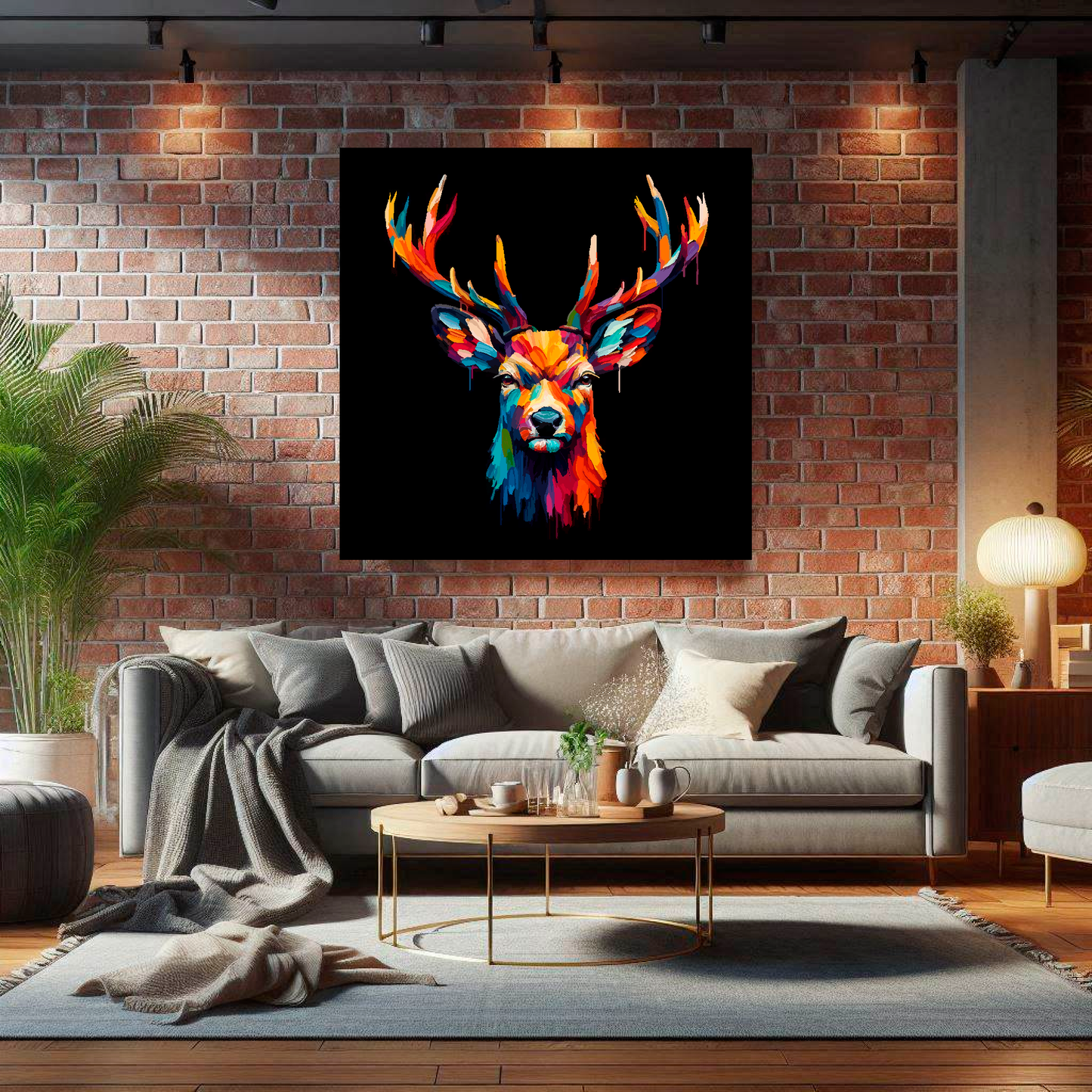 Large canvas wall art - A vibrant multi-coloured head portrait of a Deer. Available in 3 large sizes.