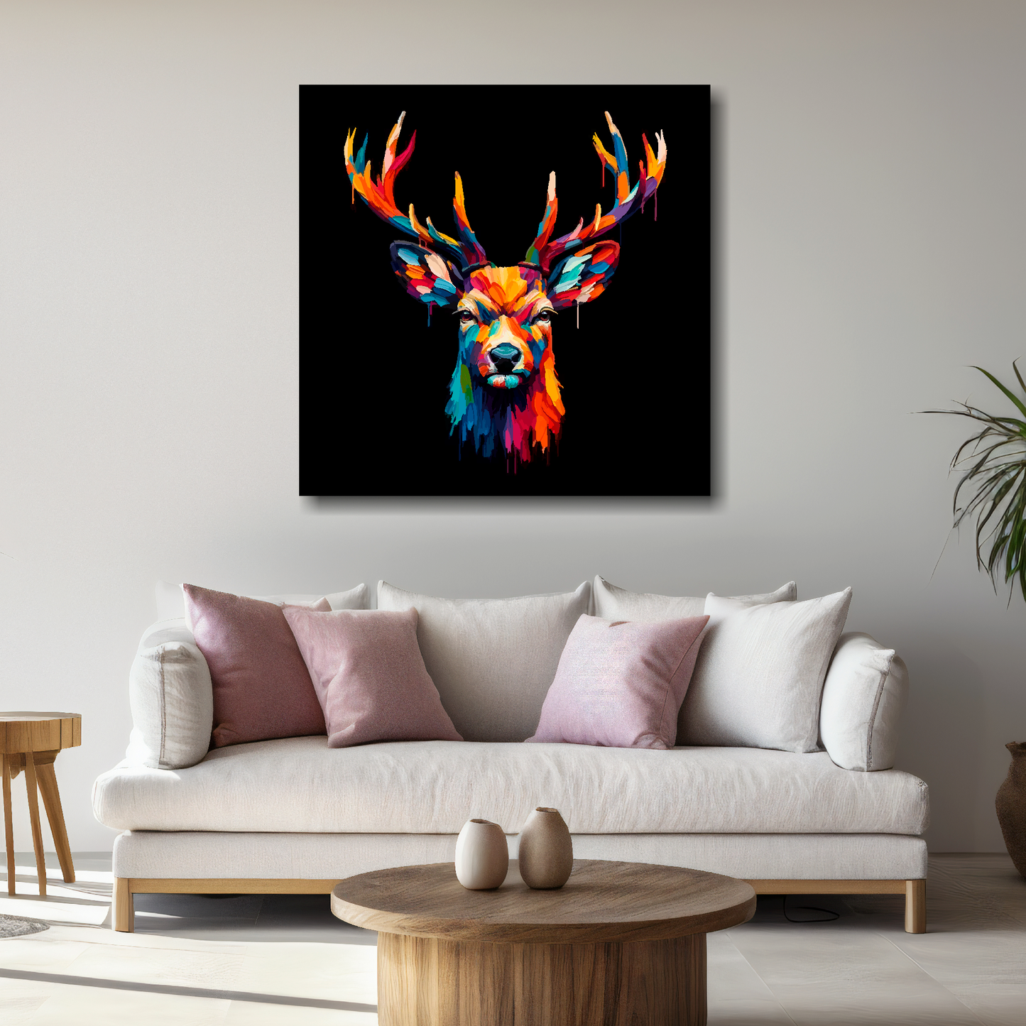 Large canvas wall art - A vibrant multi-coloured head portrait of a Deer. Available in 3 large sizes.