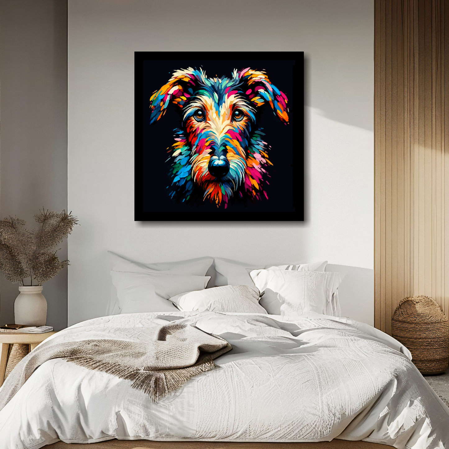 Large canvas wall art - A vibrant multi-coloured head portrait of a Deerhound. Available in 3 large sizes.