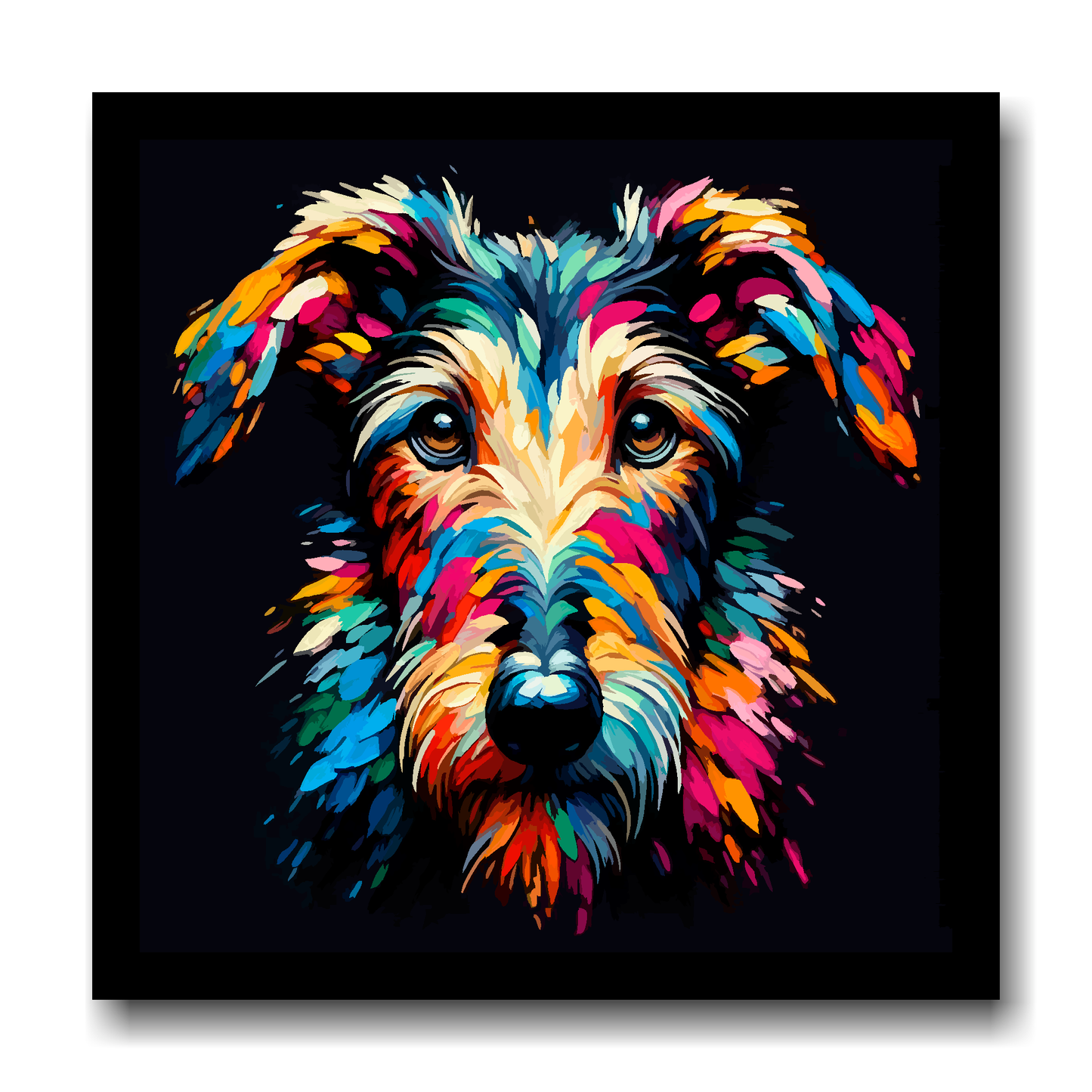 Large canvas wall art - A vibrant multi-coloured head portrait of a Deerhound. Available in 3 large sizes.