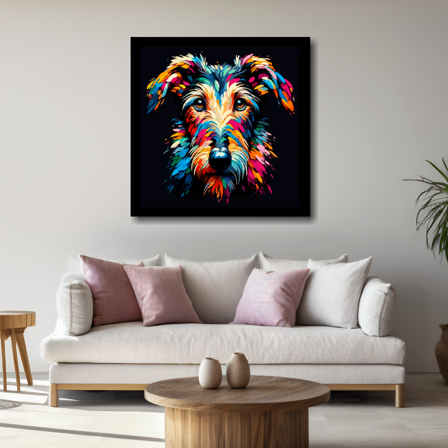 Large canvas wall art - A vibrant multi-coloured head portrait of a Deerhound. Available in 3 large sizes.