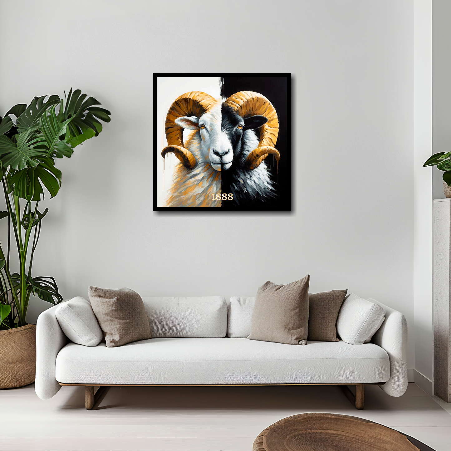 20 inch by 20 inch Derby County inspired canvas, mounted on a living room wall above a white sofa, featuring a large Ram in club colours.