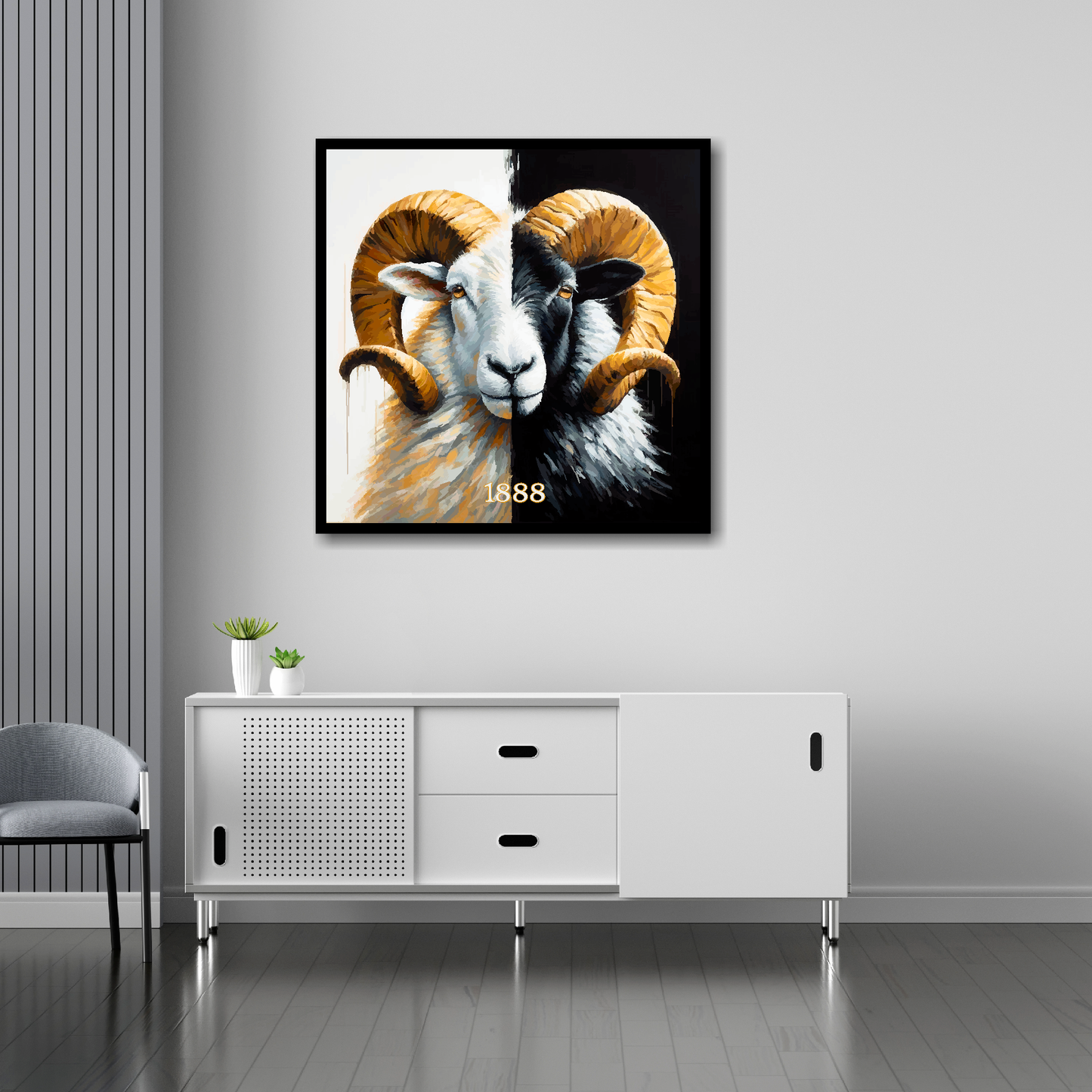 30 inch by 30 inch Derby County inspired canvas, mounted on a living room wall above a white sideboard, featuring a large Ram in club colours.