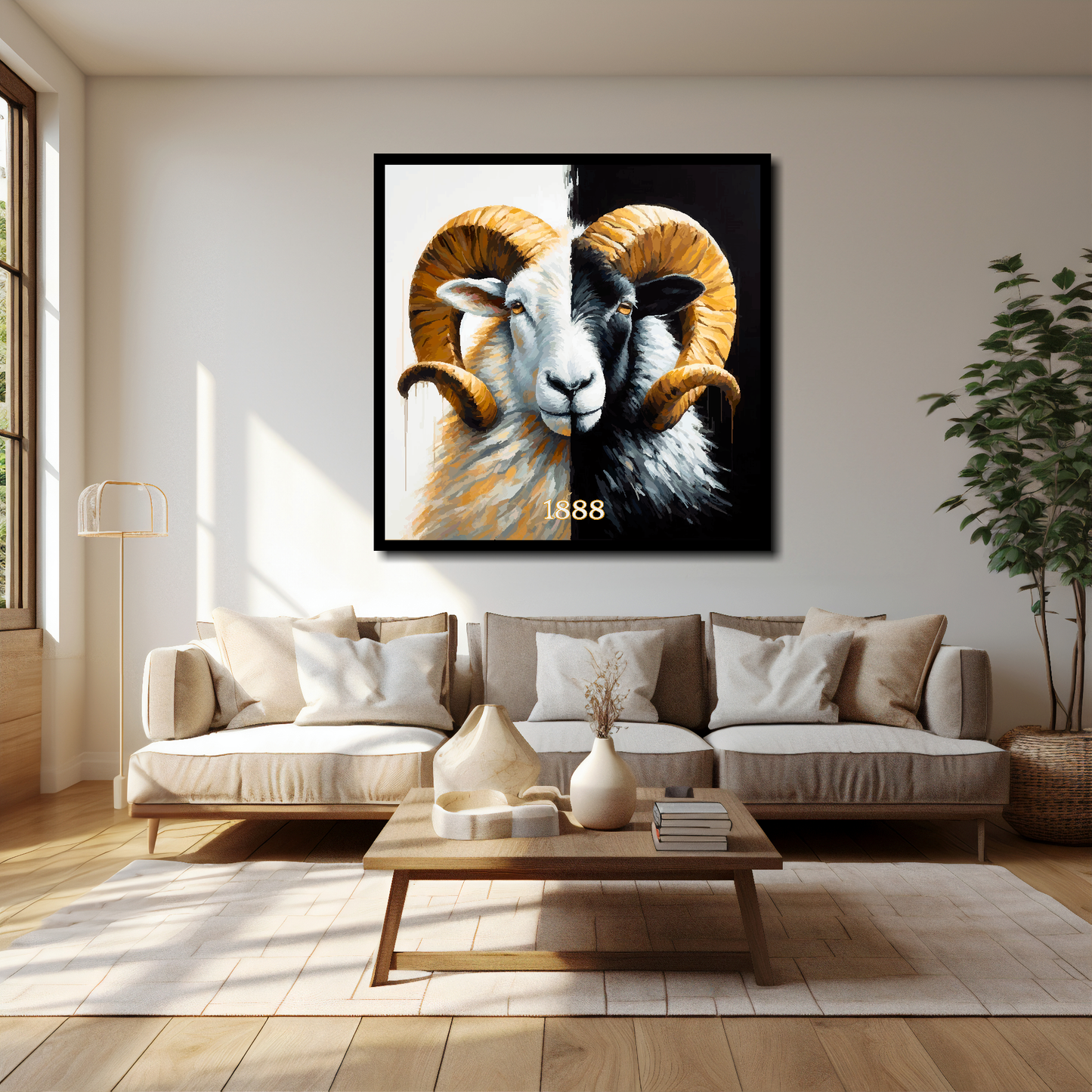 40 inch by 40 inch Derby County inspired canvas, mounted on a living room wall above a cream sofa, featuring a large Ram in club colours.