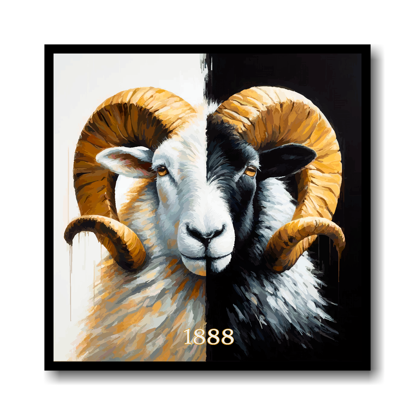 Derby County FC inspired artwork of a ram with large curved horns on a black and white background.