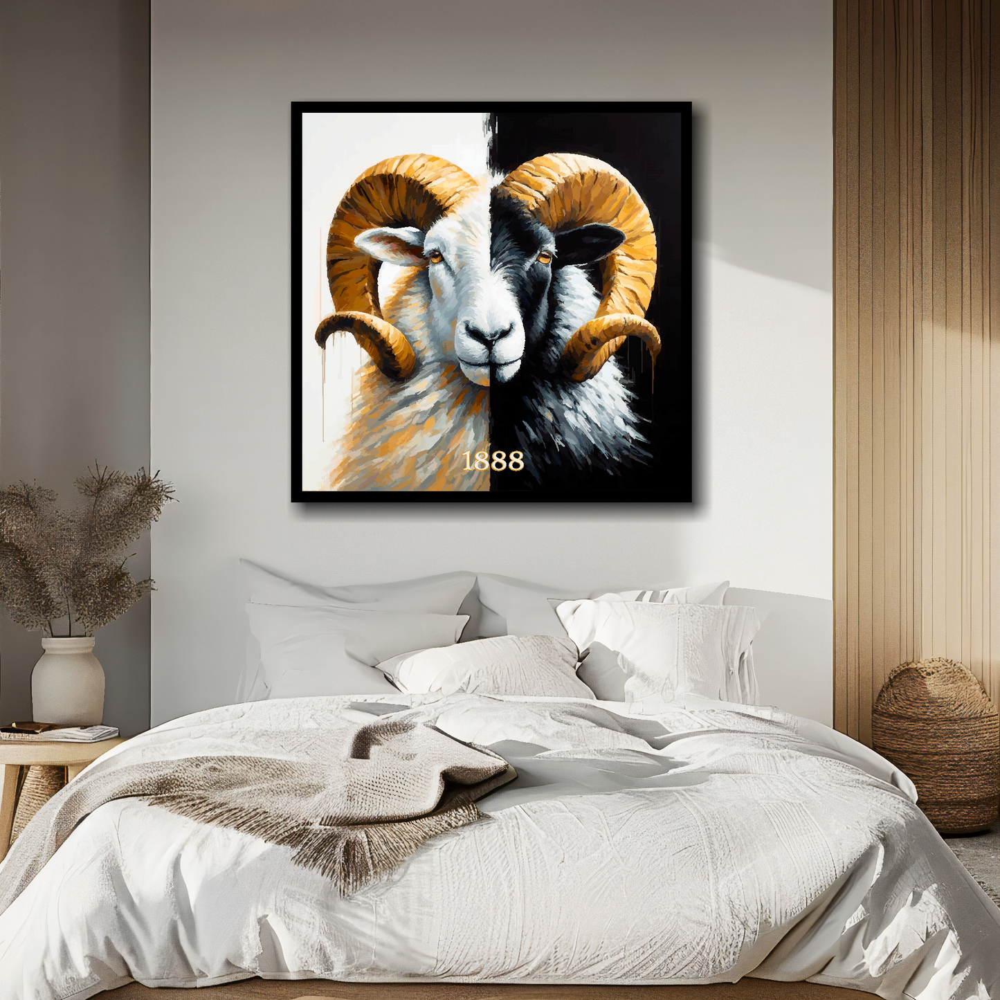 Derby County inspired canvas, mounted on a bedroom wall above a double bed, featuring a large ram in club colours.
