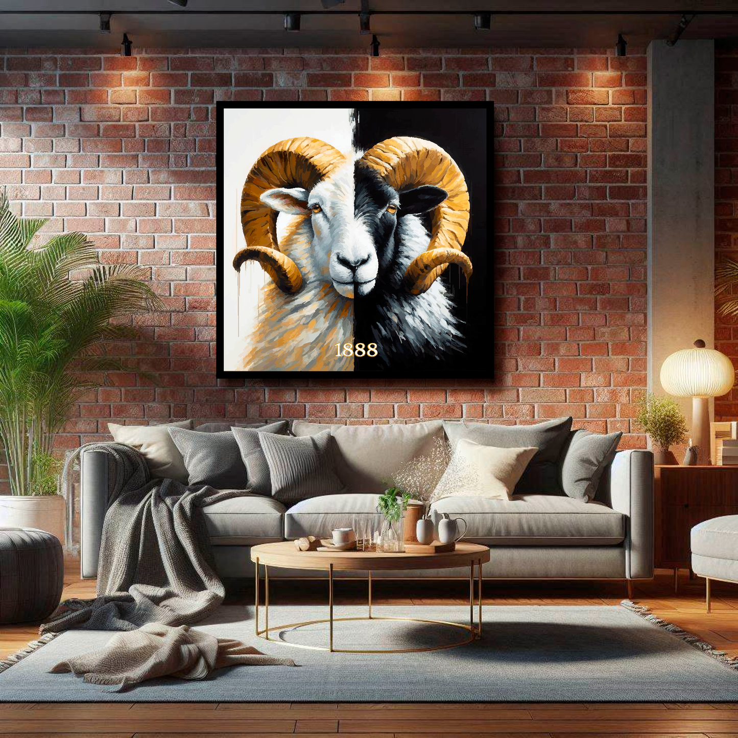 Derby County inspired canvas, mounted on a living room brick wall above a grey sofa, featuring a large Ram in club colours.