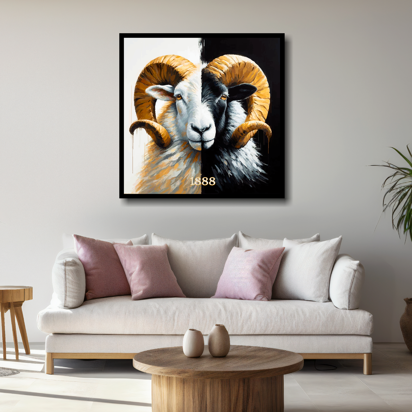 Derby County inspired canvas, mounted on a living room wall above a white sofa, featuring a large Ram in club colours.