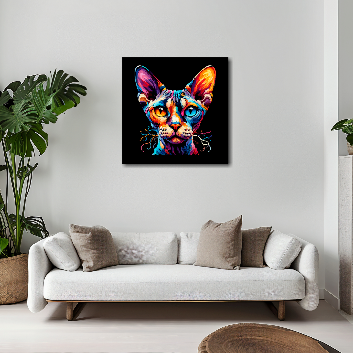 20 inch by 20 inch square canvas of a colourful Devon Rex cat head portrait on a black background. Mounted on a white wall above a white sofa with decorative pillows.